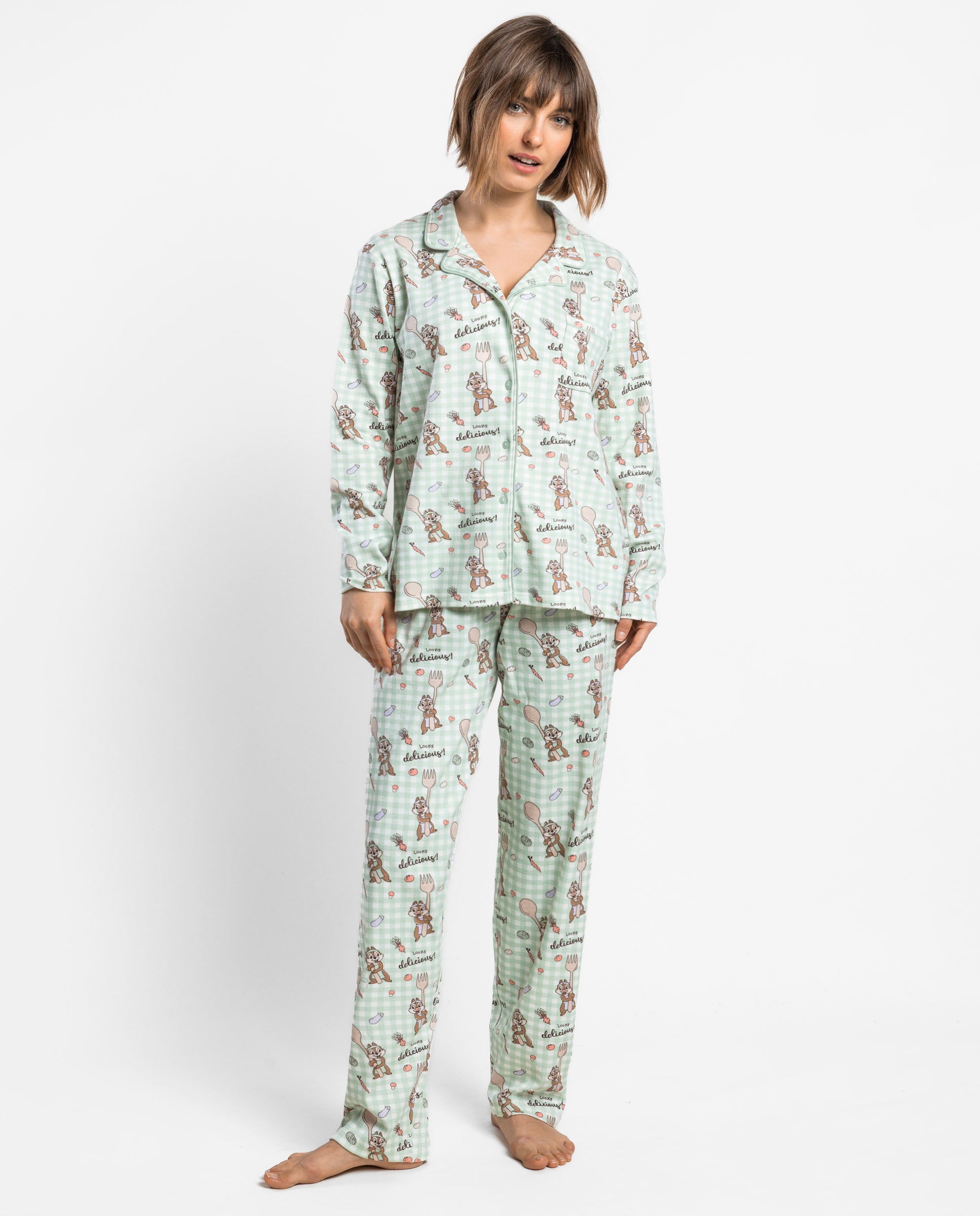 Pijama largo abierto de mujer de punto interlock de algodón - Disney - Verde Verde-1