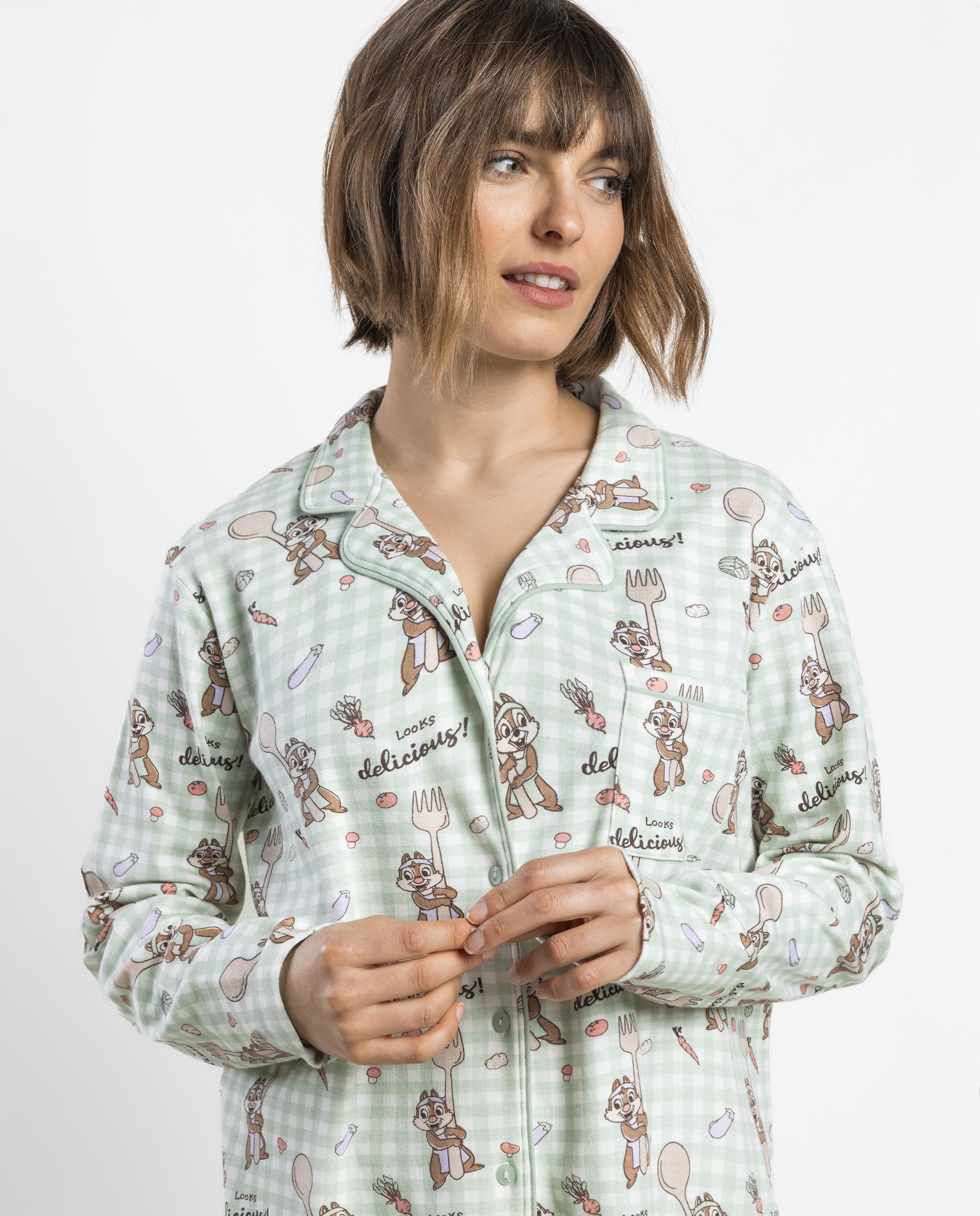 Pijama largo abierto de mujer de punto interlock de algodón - Disney - Verde Verde-3