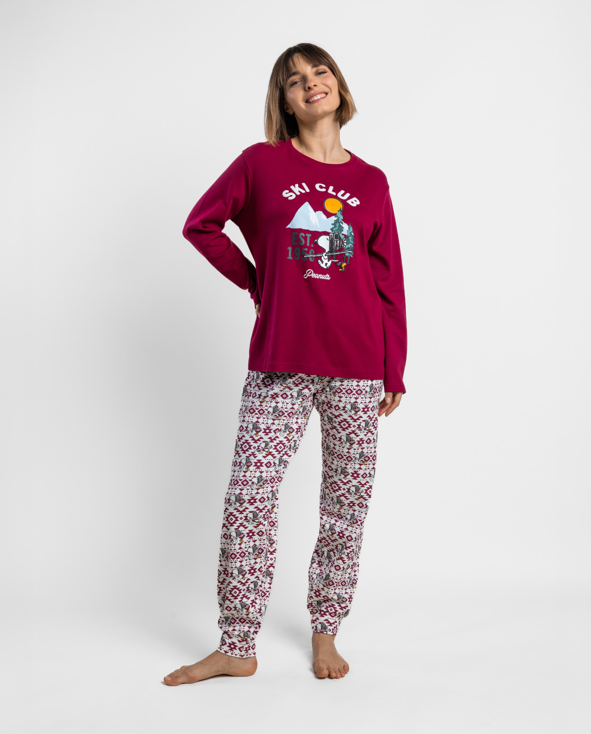 Imagen 0 de Pijama largo de mujer de punto interlock de algodón Rojo