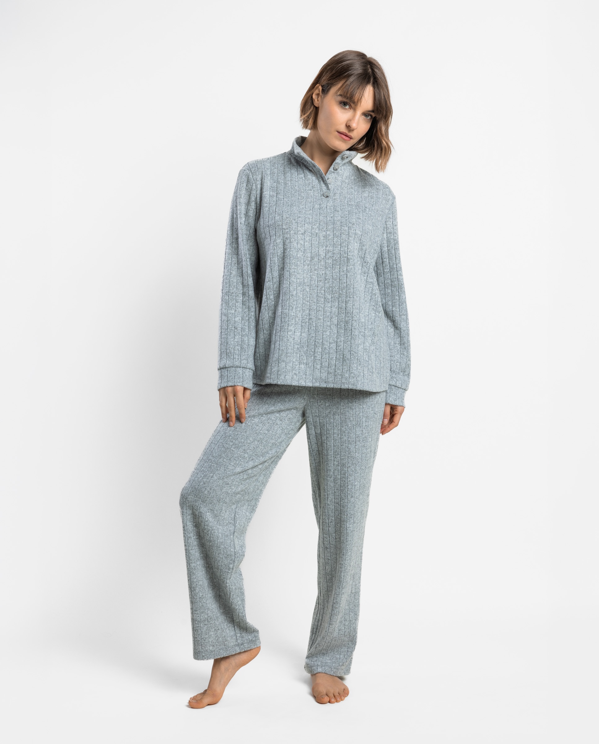 Pijama largo de mujer de tejido felpa - Admas - Gris Gris-1