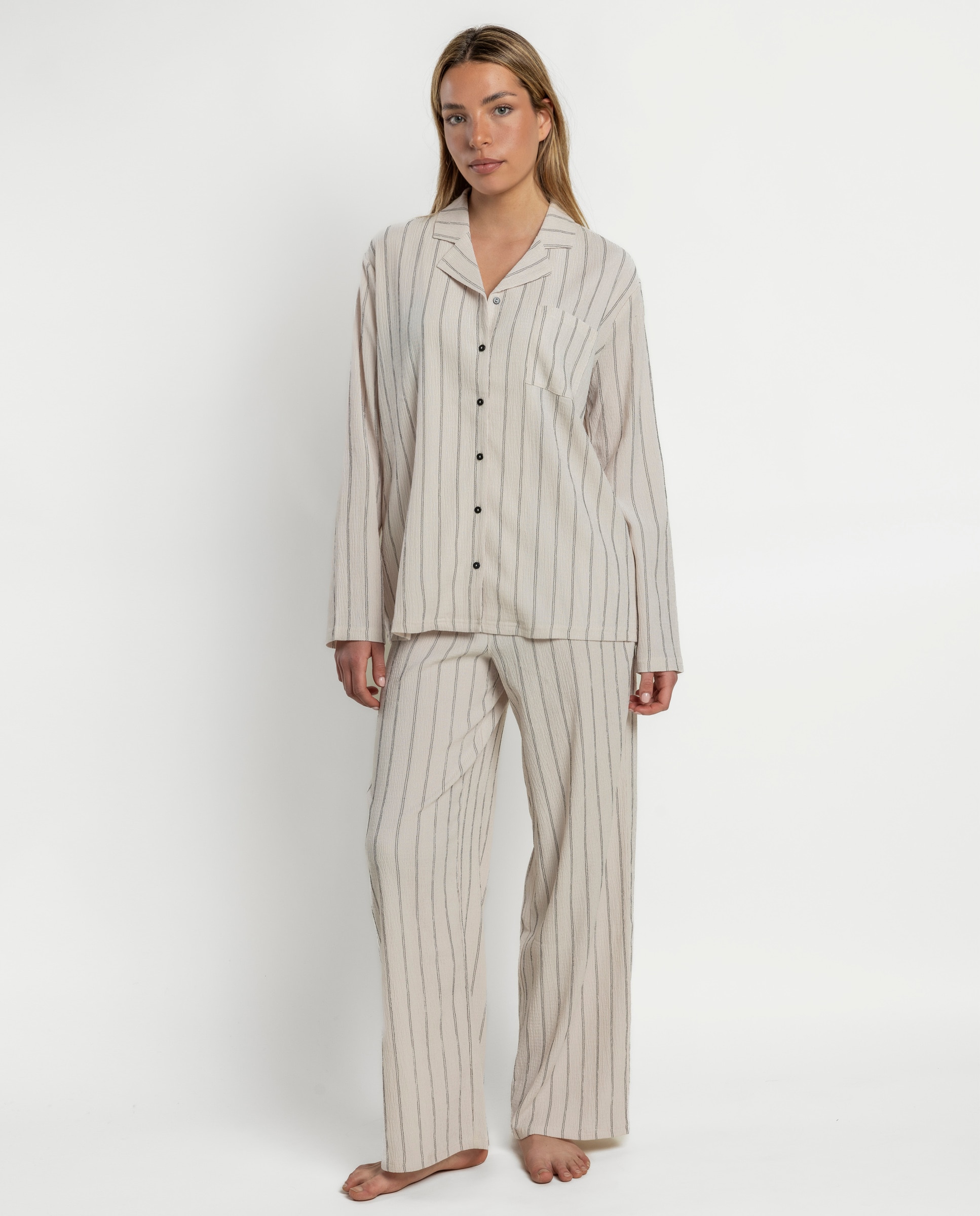 Pijama largo abierto de mujer de tela - Admas - Crudo Crudo-1