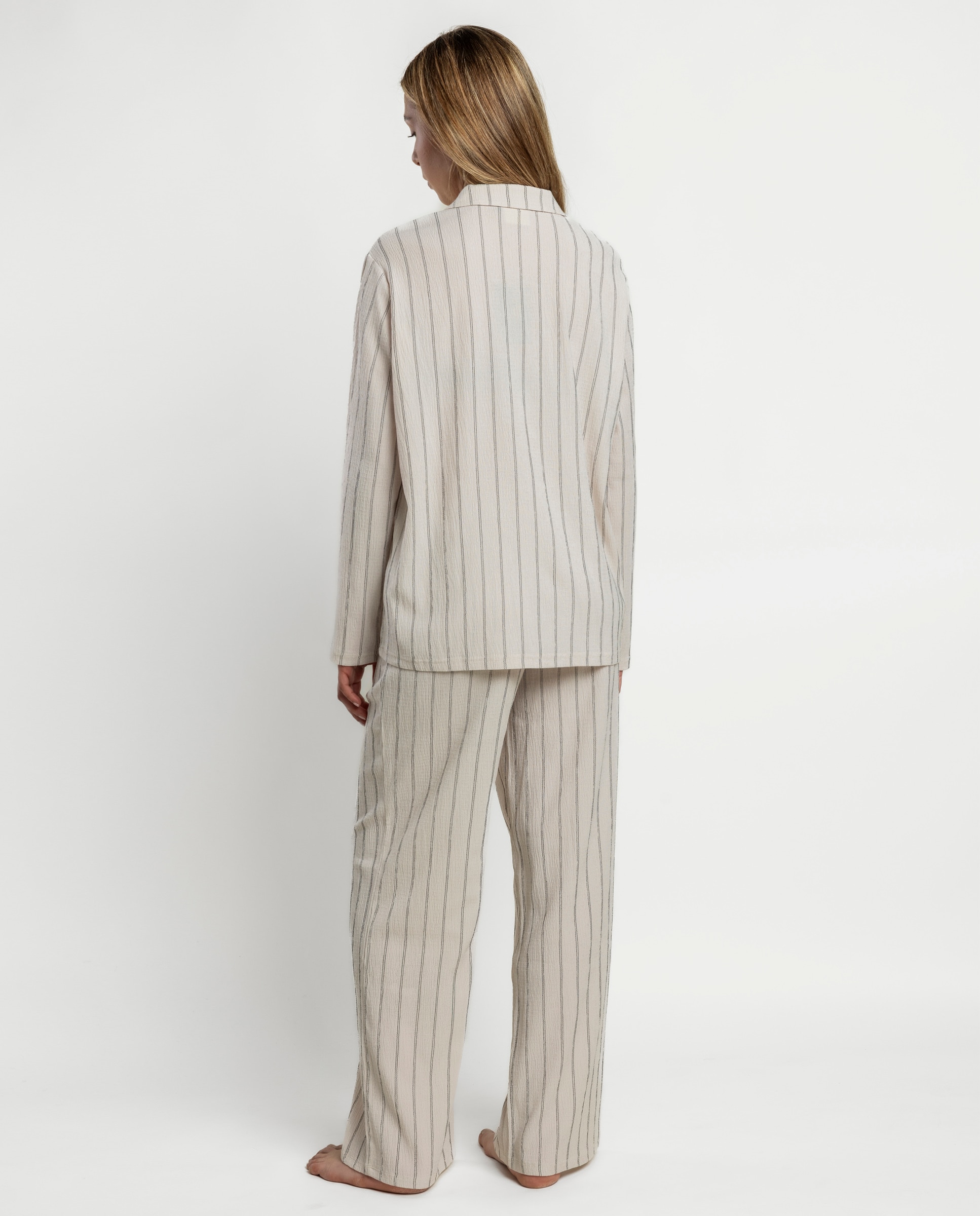 Pijama largo abierto de mujer de tela - Admas - Crudo Crudo-2