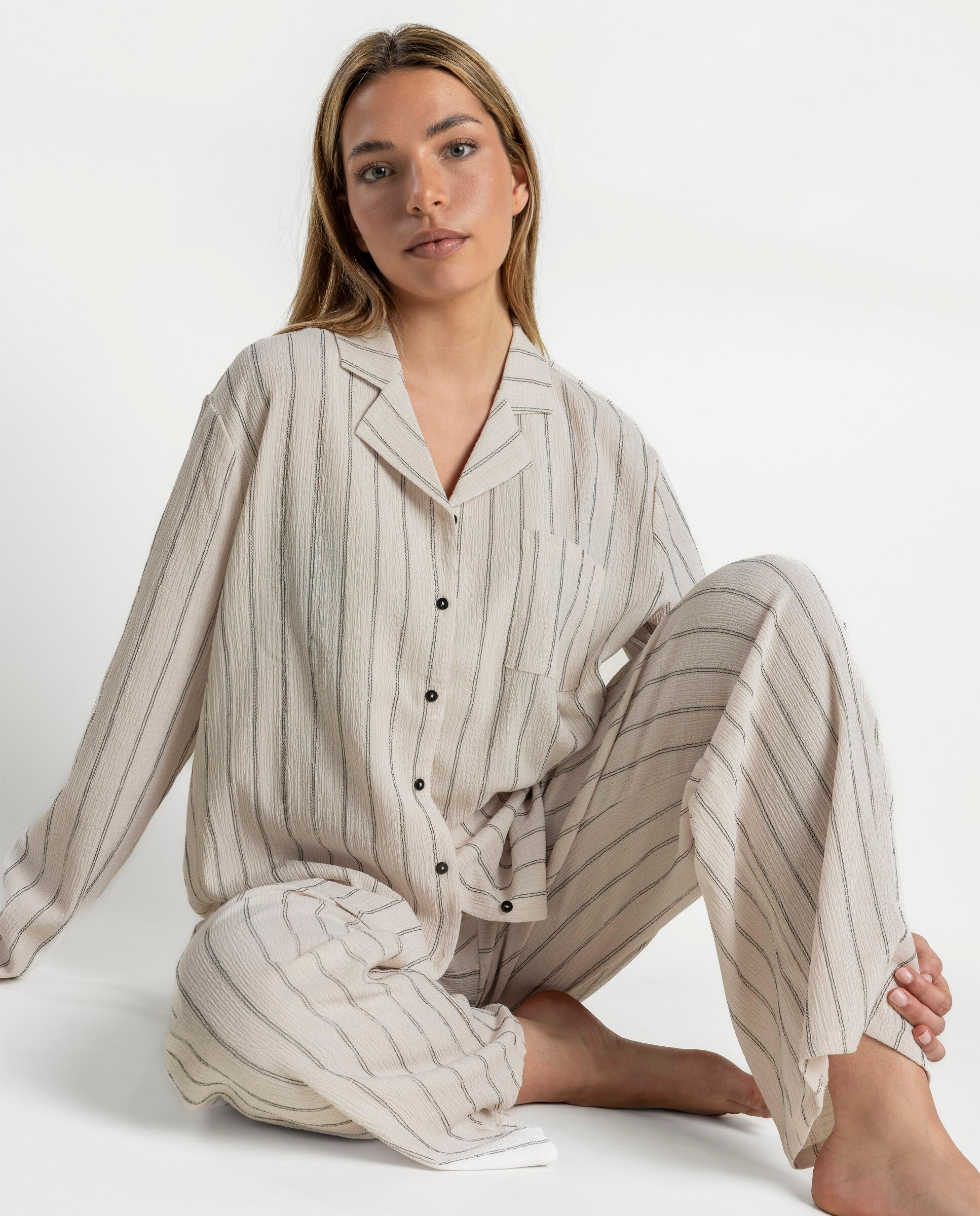 Pijama largo abierto de mujer de tela - Admas - Crudo Crudo-3