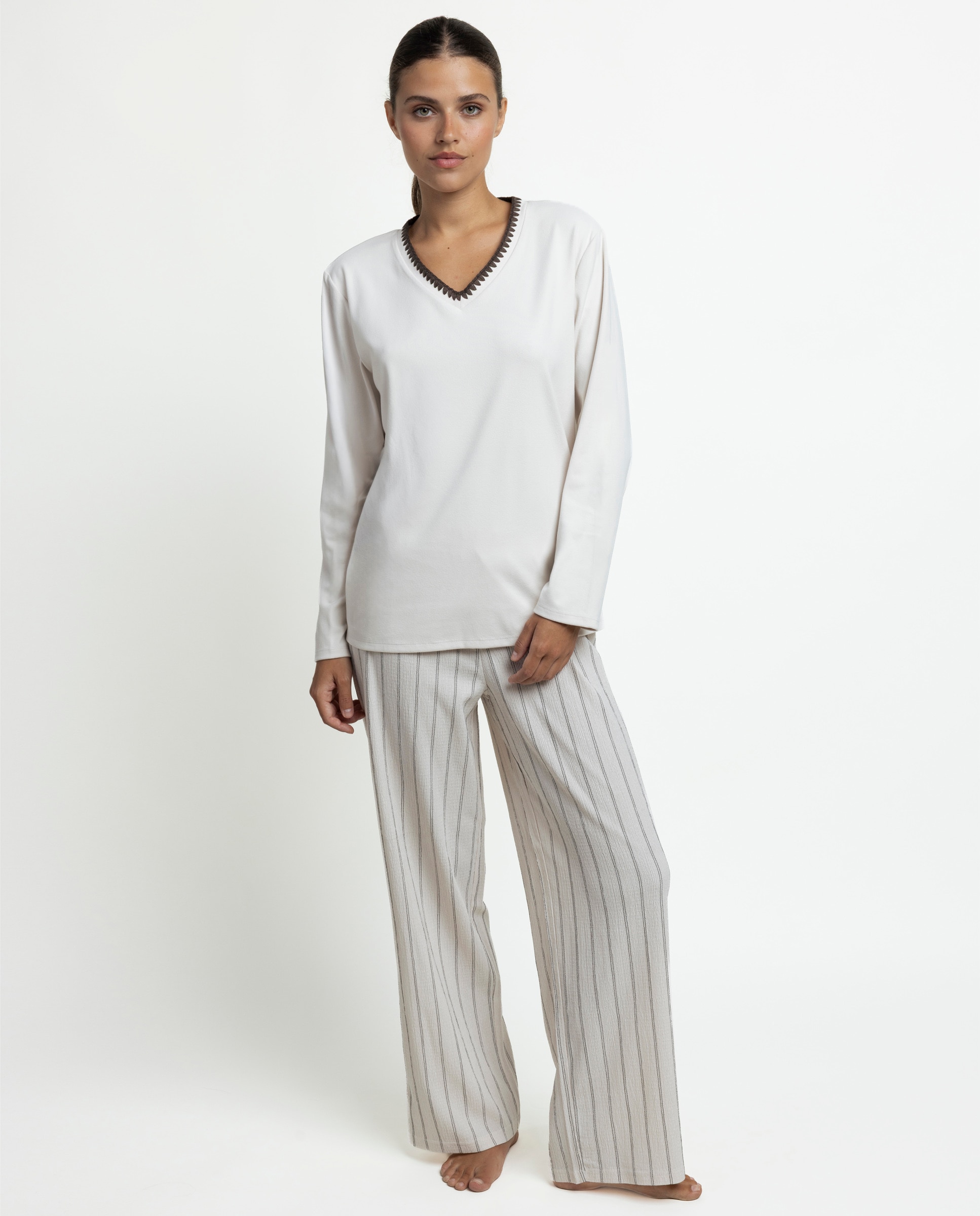 Pijama largo de mujer de punto de microfibra - Admas - Crudo Crudo-1