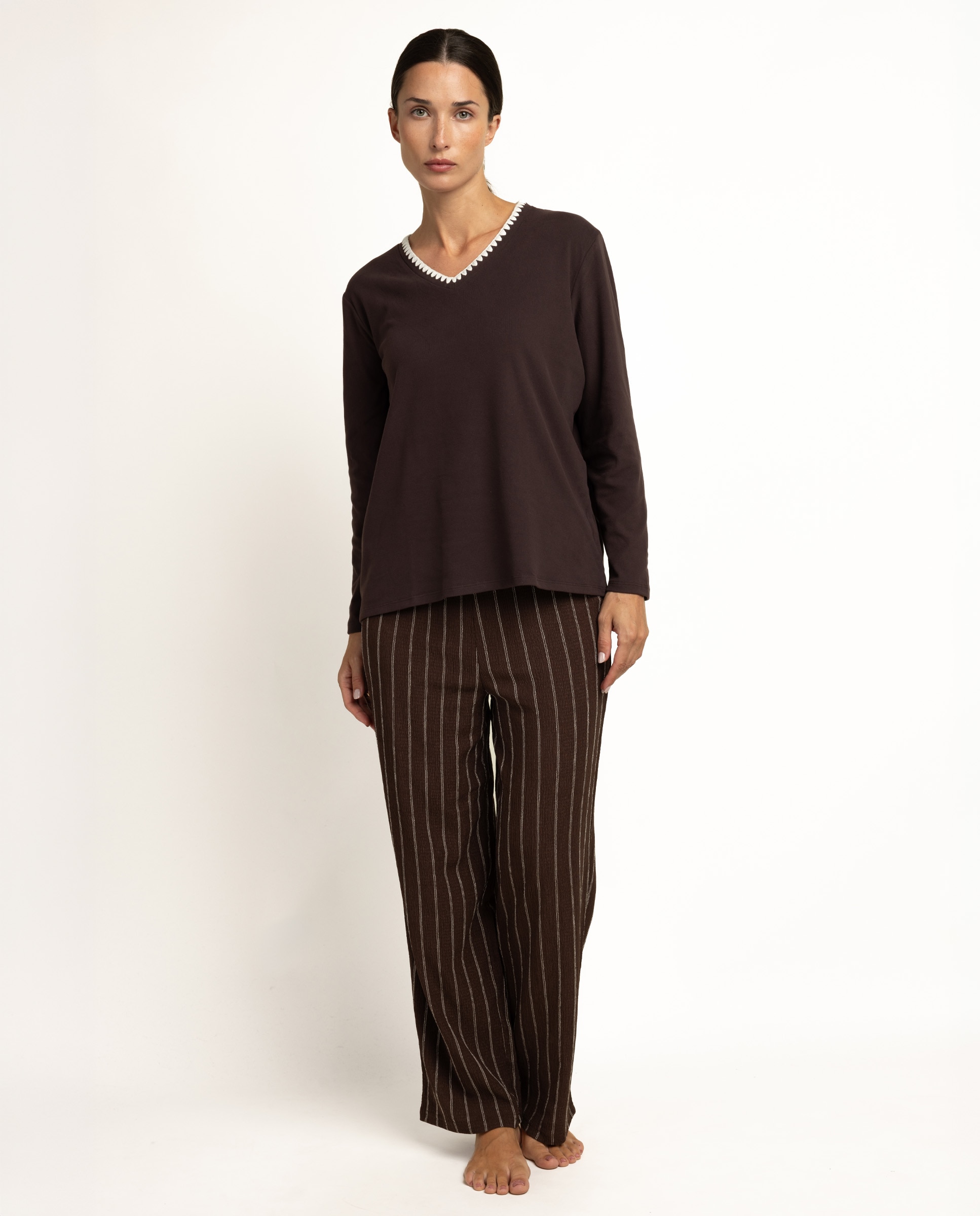 Pijama largo de mujer de punto de microfibra - Admas - Marrón Marrón-1