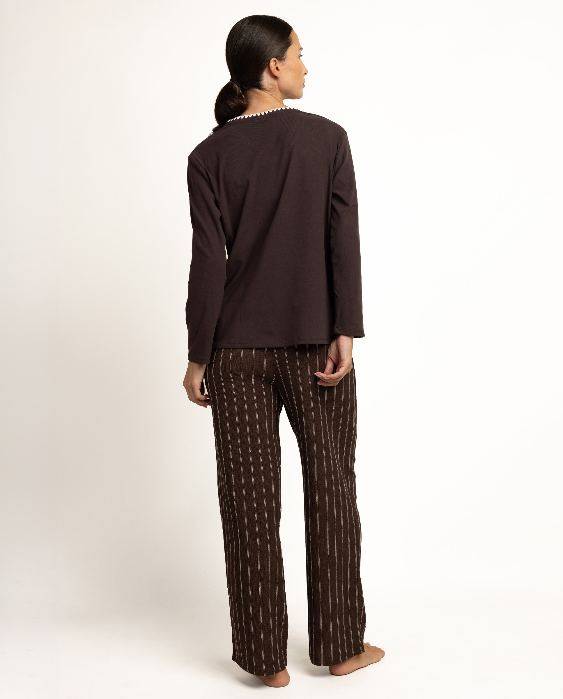 Pijama largo de mujer de punto de microfibra - Admas - Marrón Marrón-2