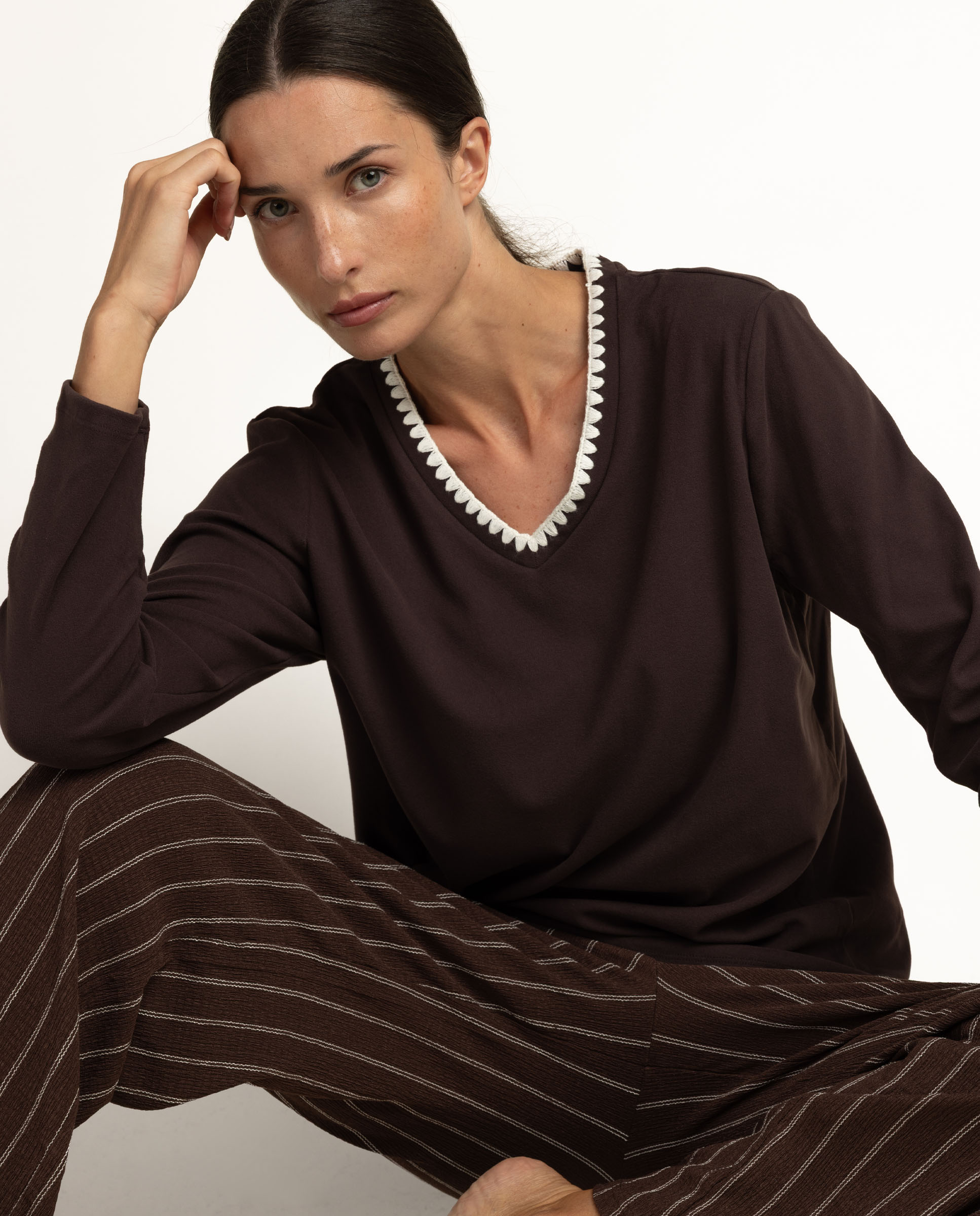 Pijama largo de mujer de punto de microfibra - Admas - Marrón Marrón-3
