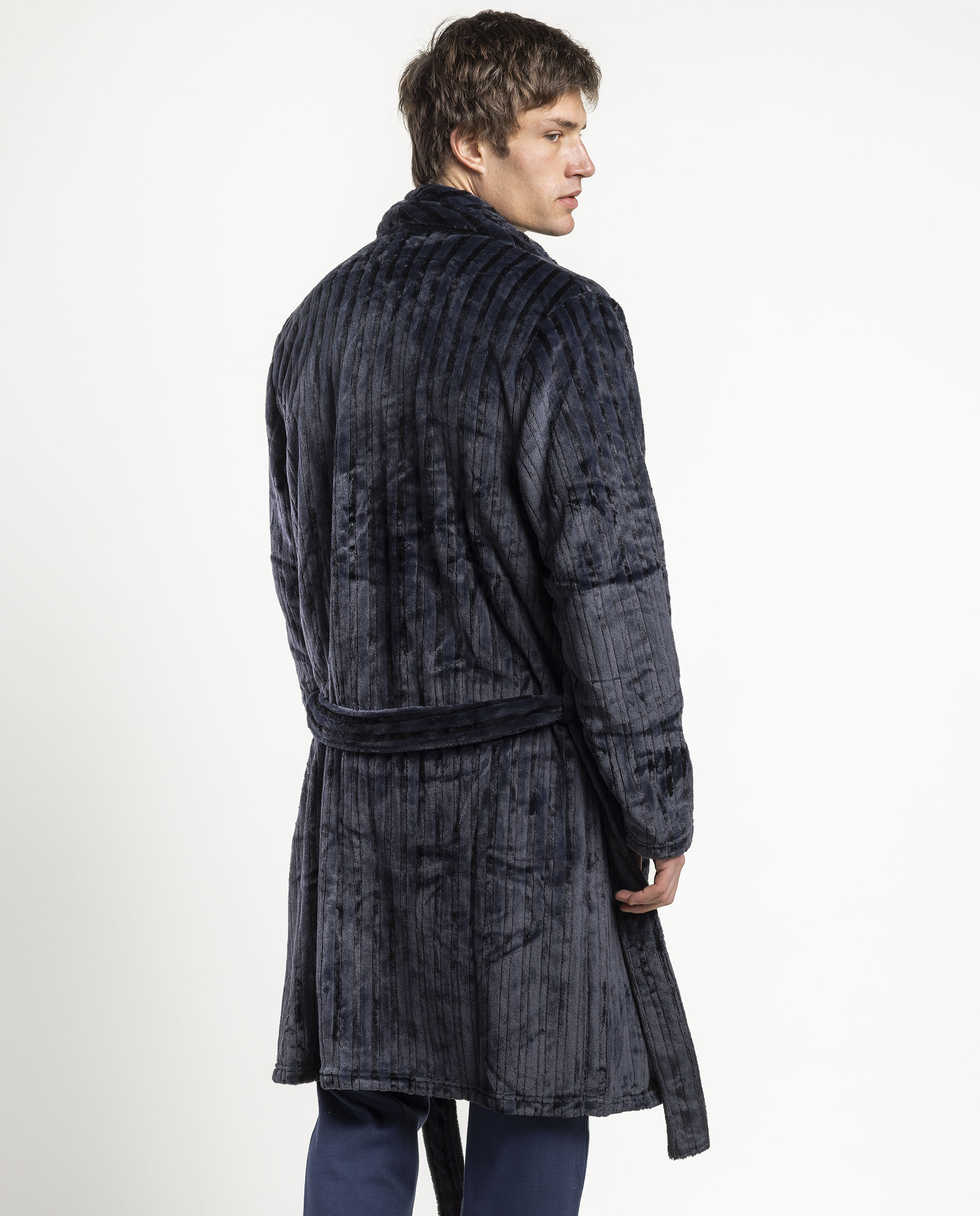 Bata de manga larga de hombre de tejido polar con cinturón - Admas - Azul marino Azul marino-2
