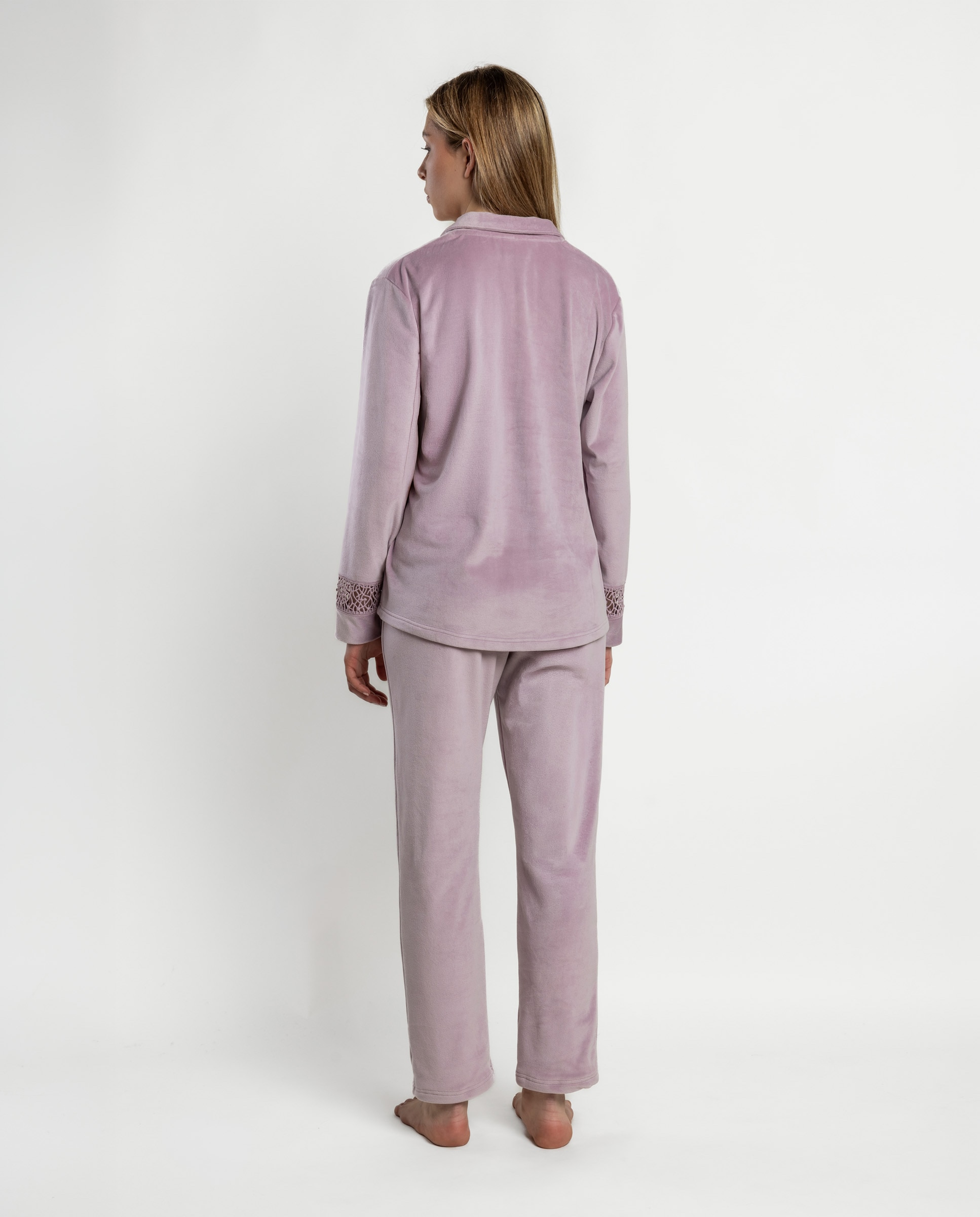 Pijama largo abierto de mujer de tejido de terciopelo doble cara - Admas - Rosa Rosa-2