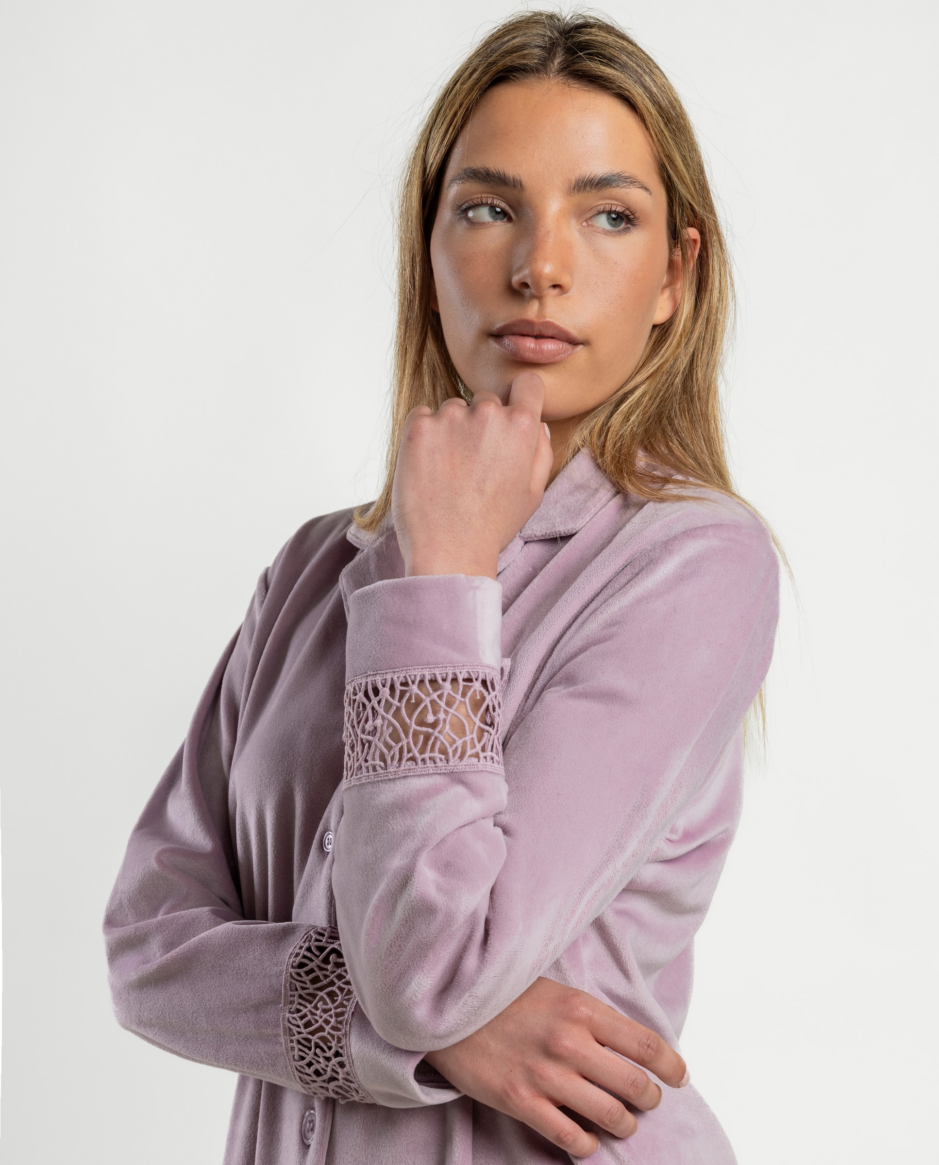 Pijama largo abierto de mujer de tejido de terciopelo doble cara - Admas - Rosa Rosa-3
