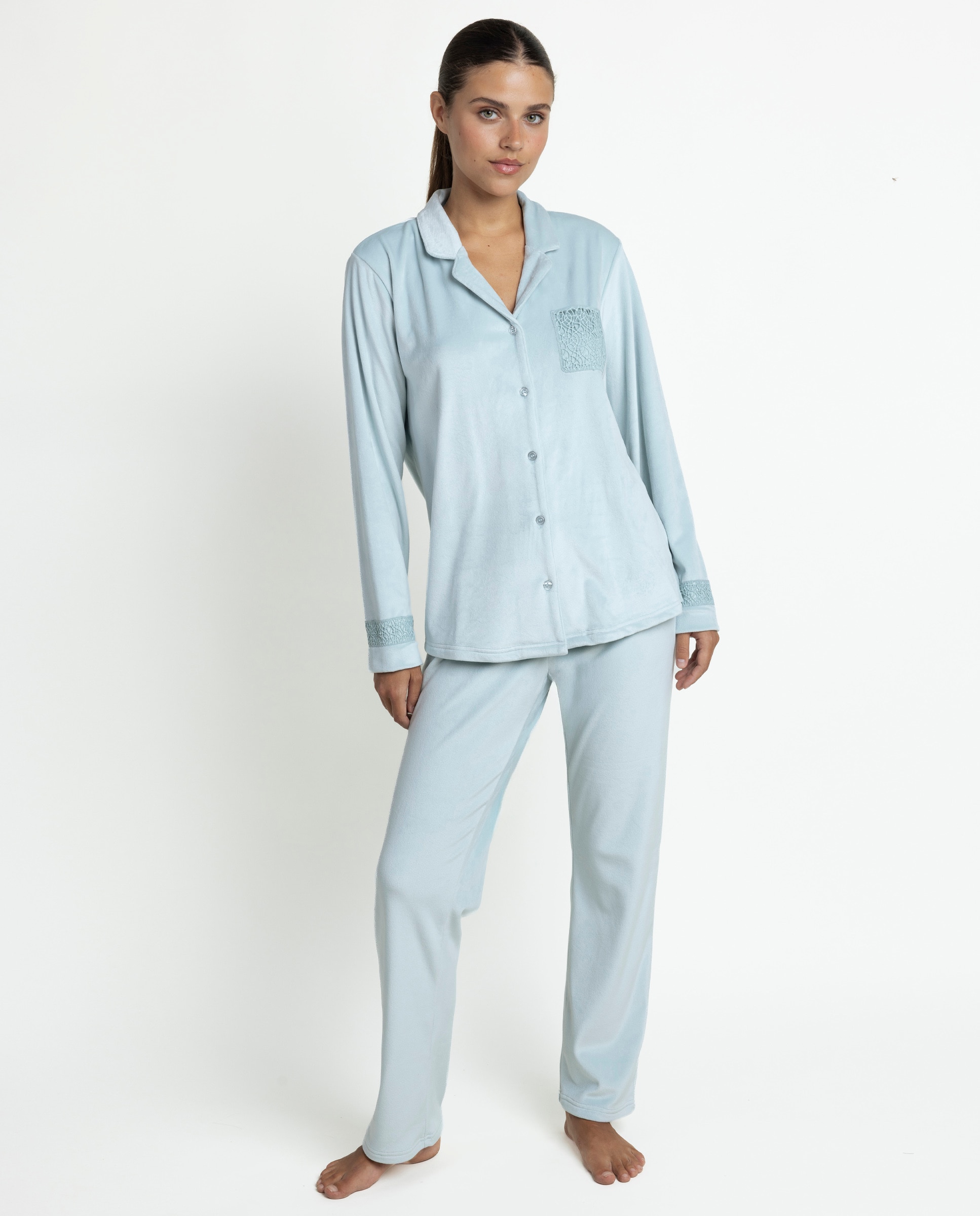 Pijama largo abierto de mujer de tejido de terciopelo doble cara - Admas - Verde Agua Verde Agua-1