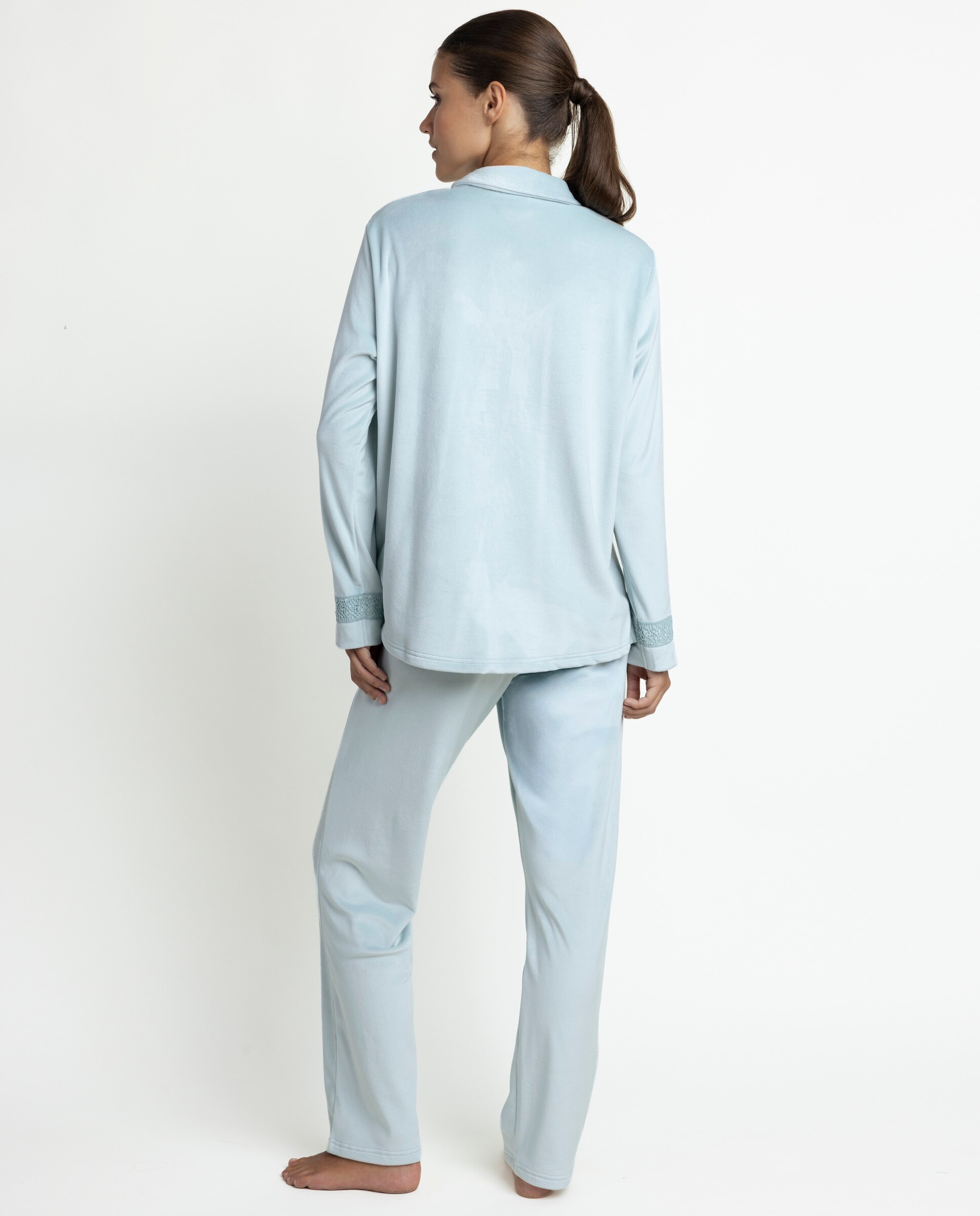 Pijama largo abierto de mujer de tejido de terciopelo doble cara - Admas - Verde Agua Verde Agua-2