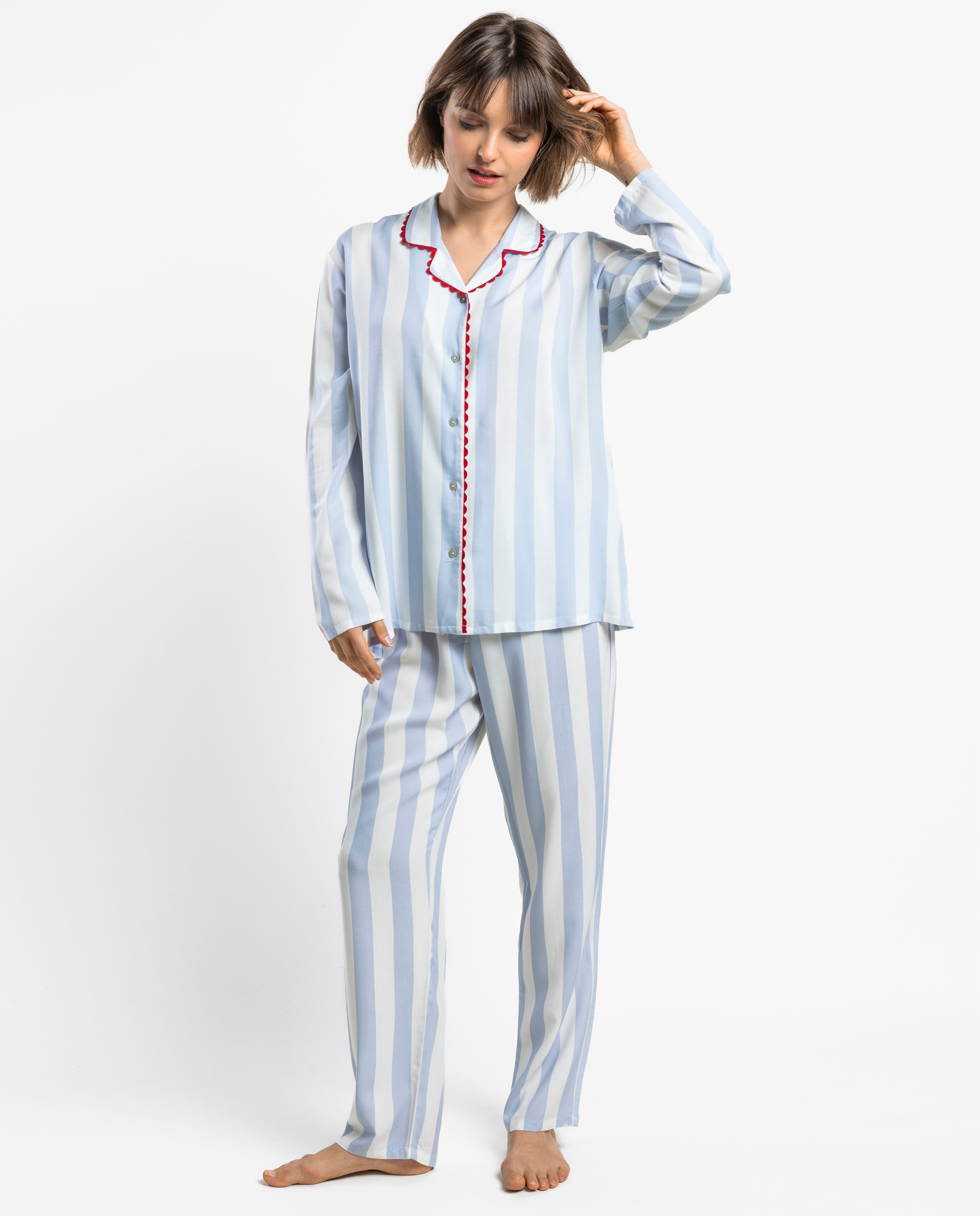 Pijama largo abierto de mujer de tela viscosa - Admas - Azul Azul-1