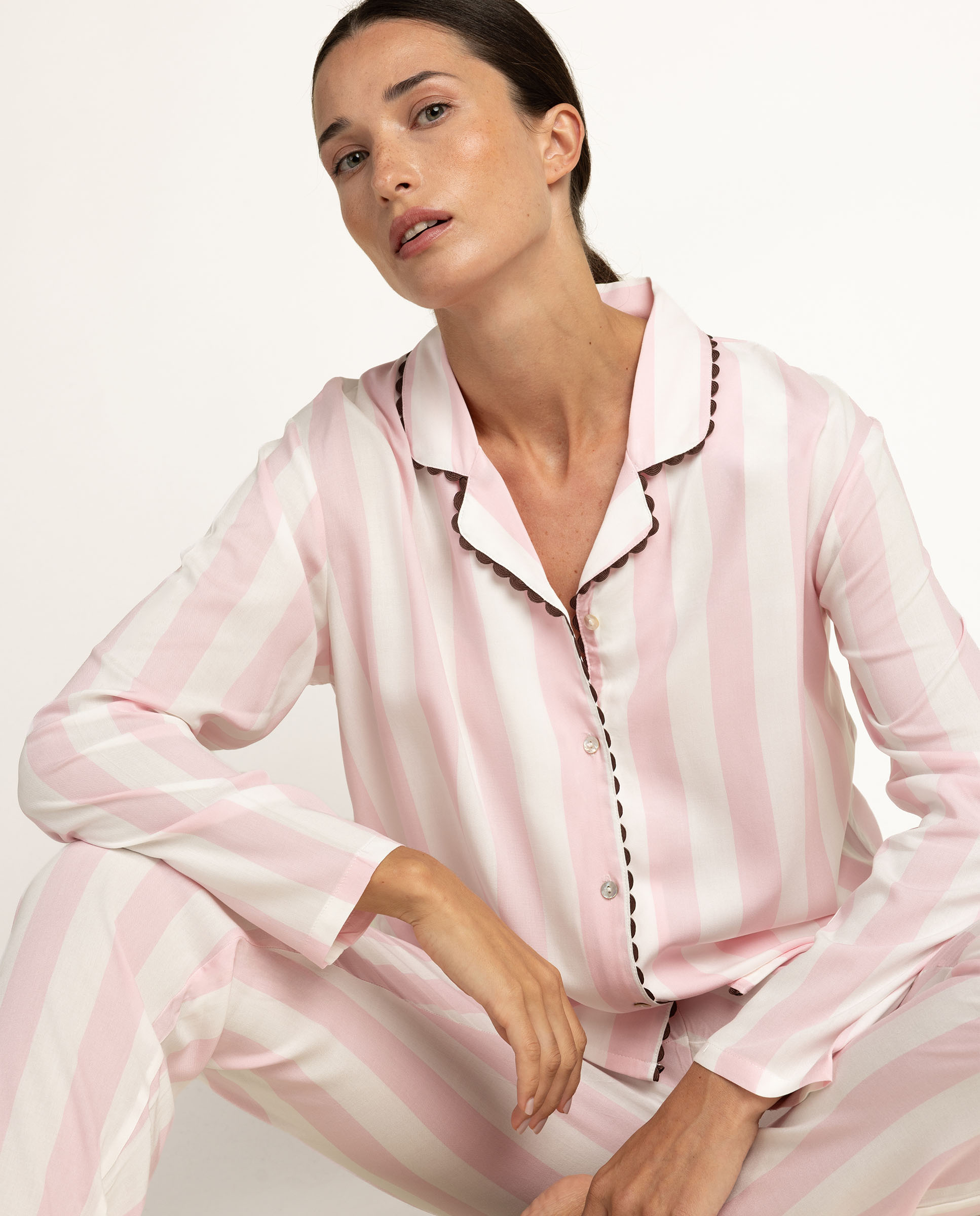 Pijama largo abierto de mujer de tela viscosa - Admas - Rosa Rosa-3