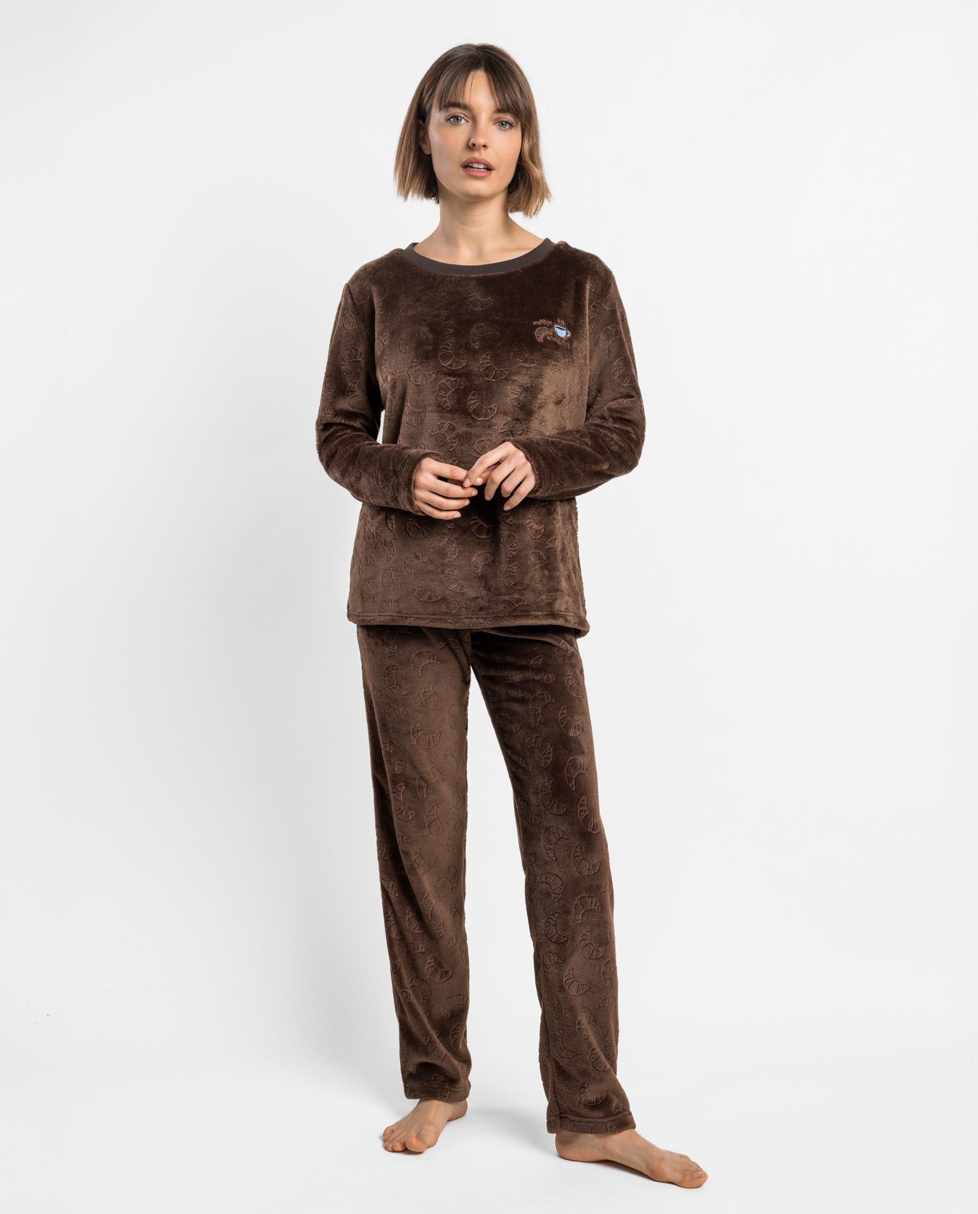 Pijama largo de mujer de tejido polar - Admas - Marrón Marrón-1