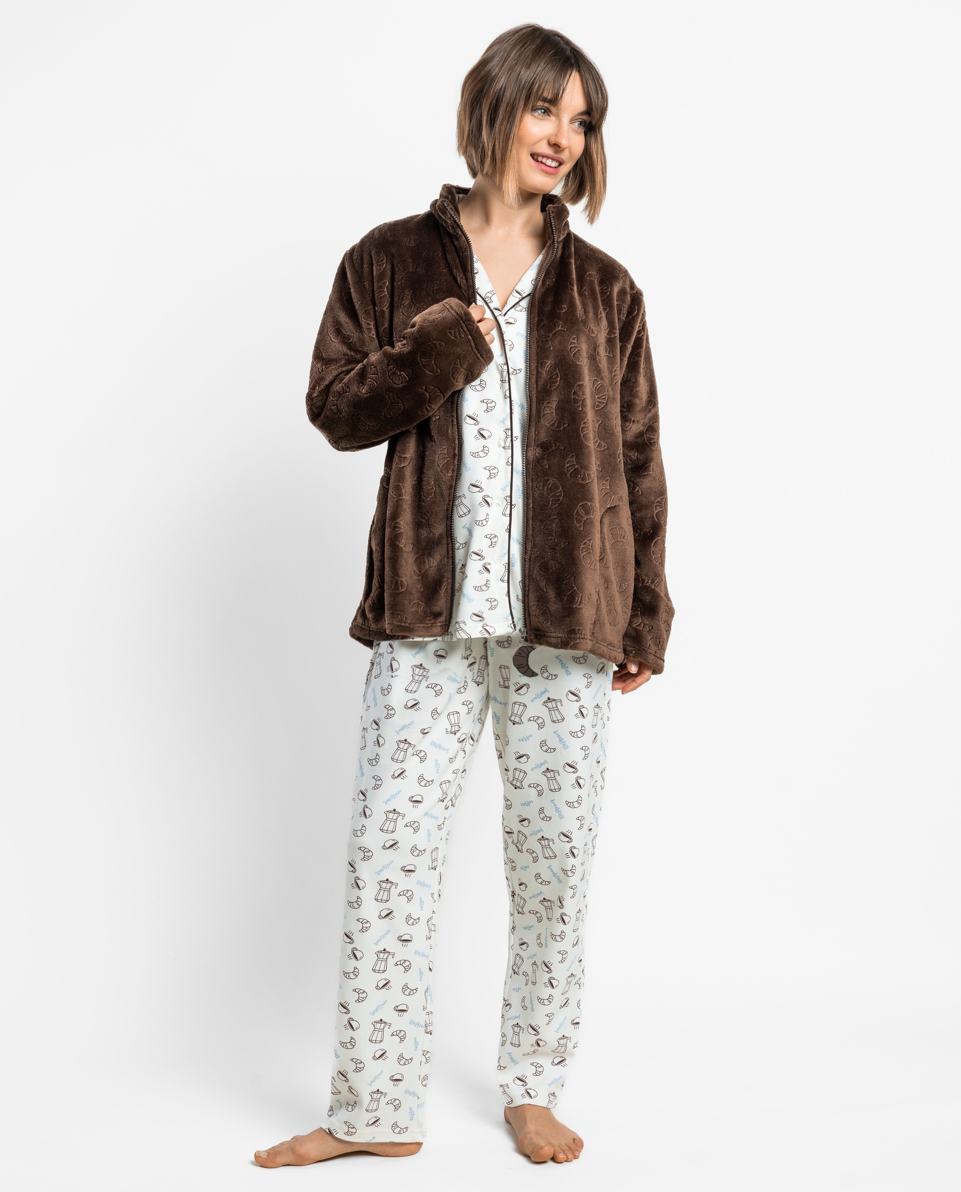 Bata de manga larga de mujer de tejido polar con cremallera - Admas - Marrón Marrón-1