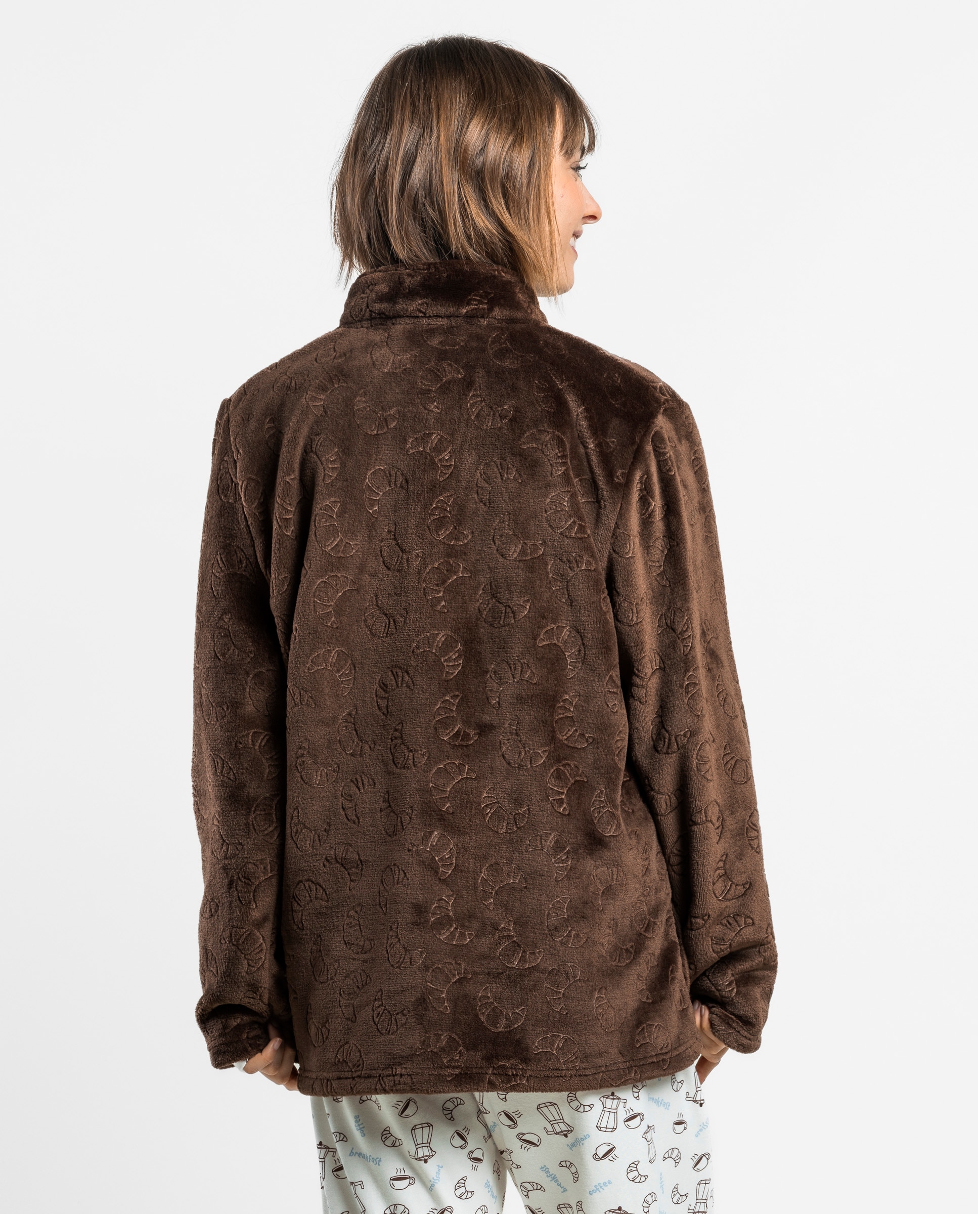 Bata de manga larga de mujer de tejido polar con cremallera - Admas - Marrón Marrón-2