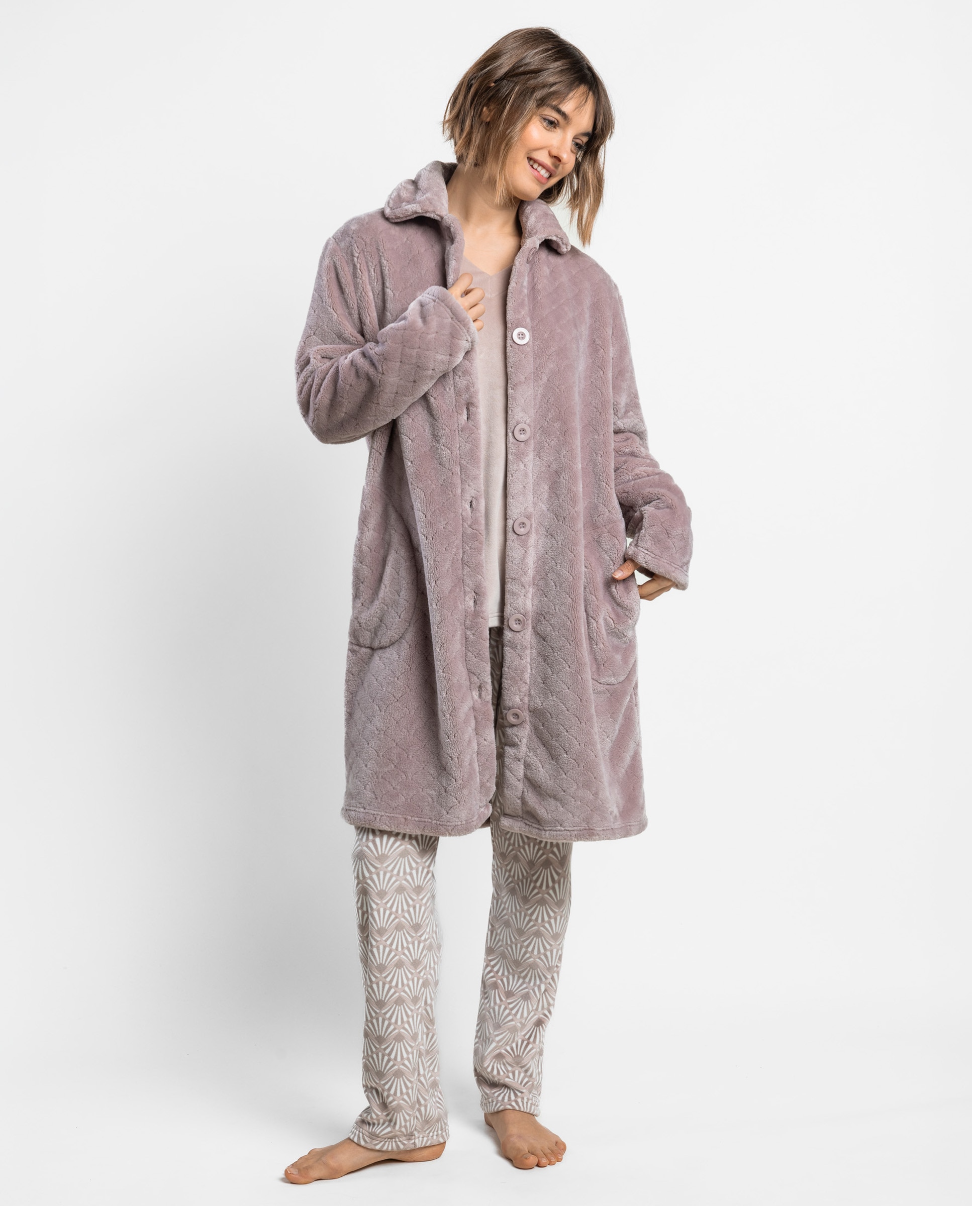 Bata de manga larga de mujer de tejido polar con botones - Admas - Lila Lila-1