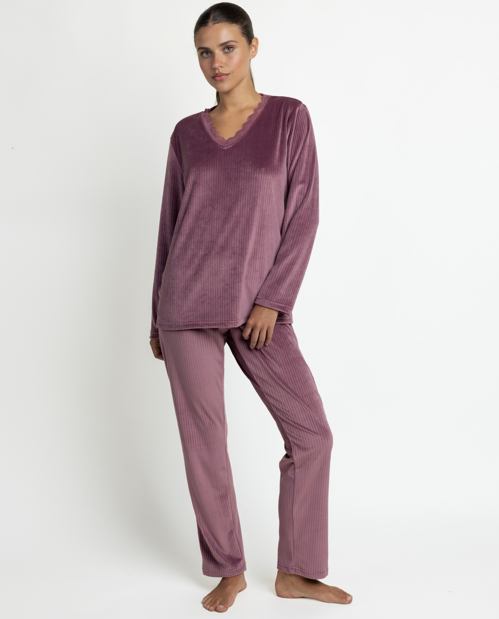 Pijama largo de mujer de tejido de terciopelo doble cara - Admas - Lila Lila-1