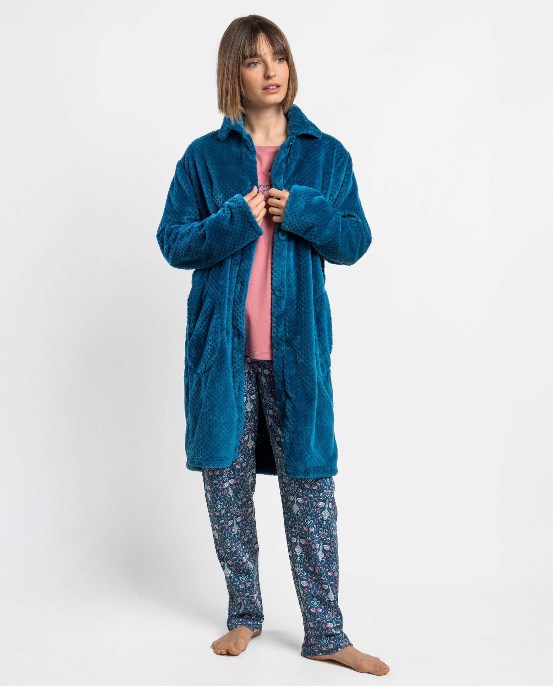 Bata de manga larga de mujer de tejido polar con botones - Admas - Verde Agua Verde Agua-1