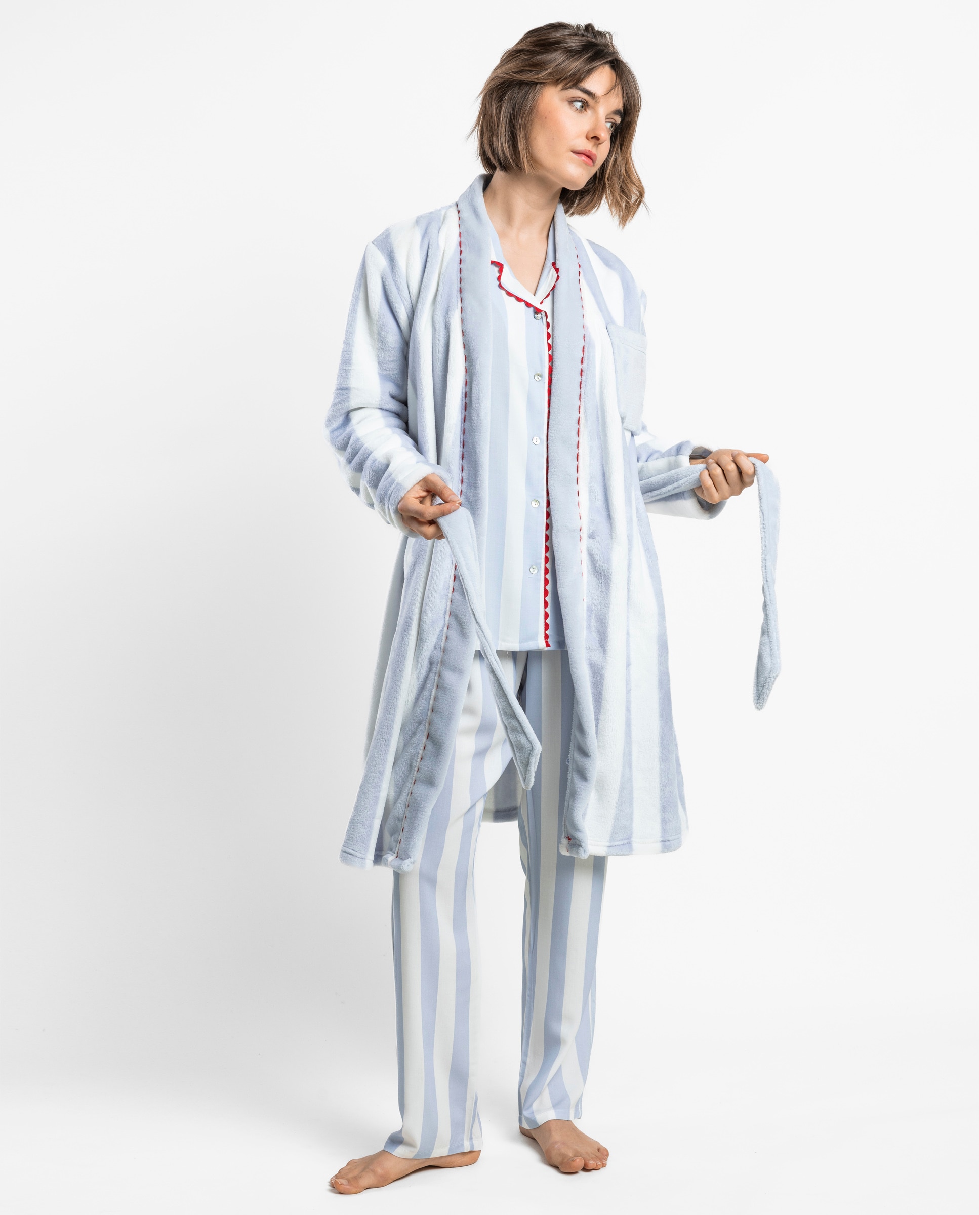 Bata de manga larga de mujer de tejido polar con cinturón - Admas - Azul Azul-1
