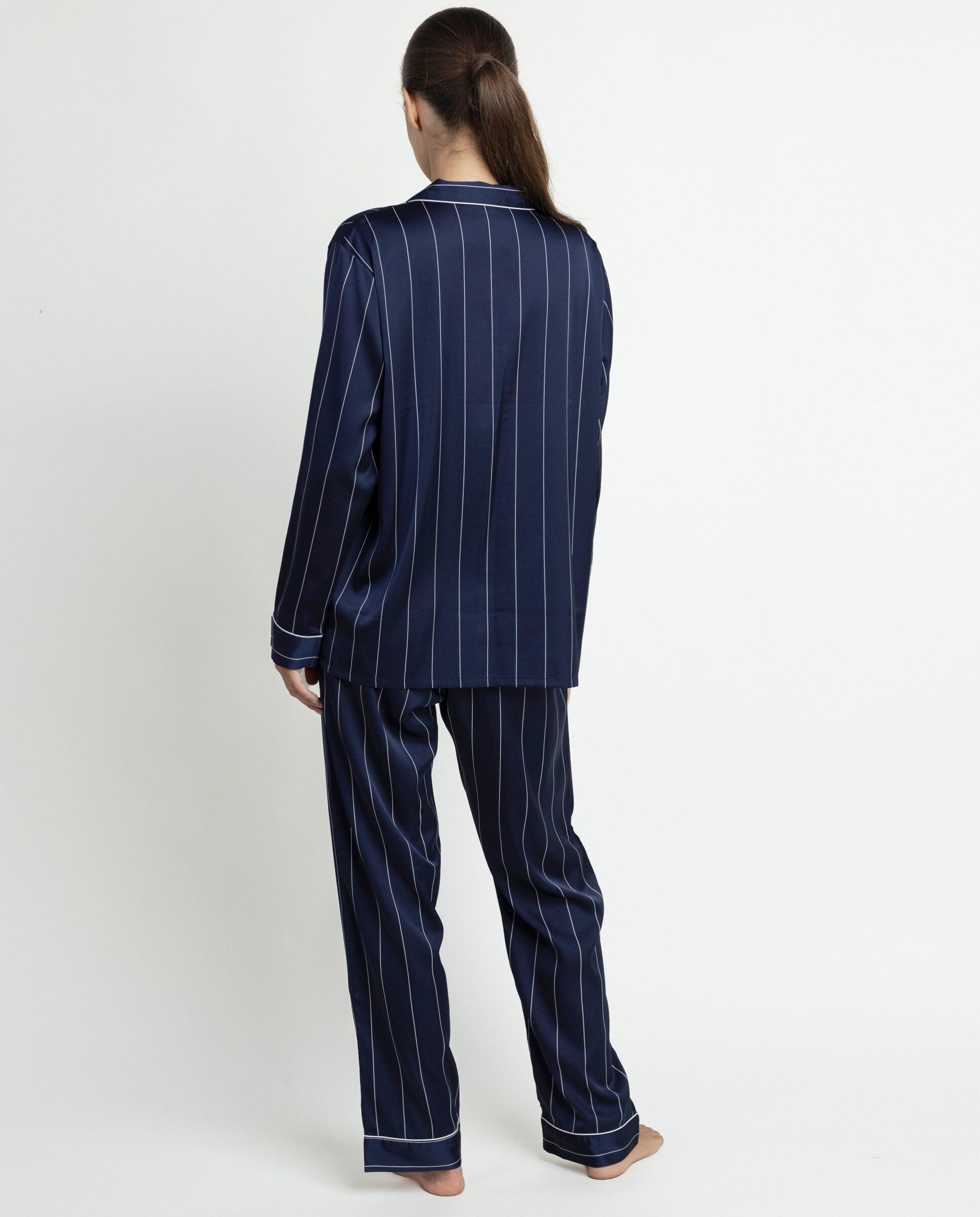 Pijama largo abierto de mujer de tela satén - Admas - Azul marino Azul marino-2