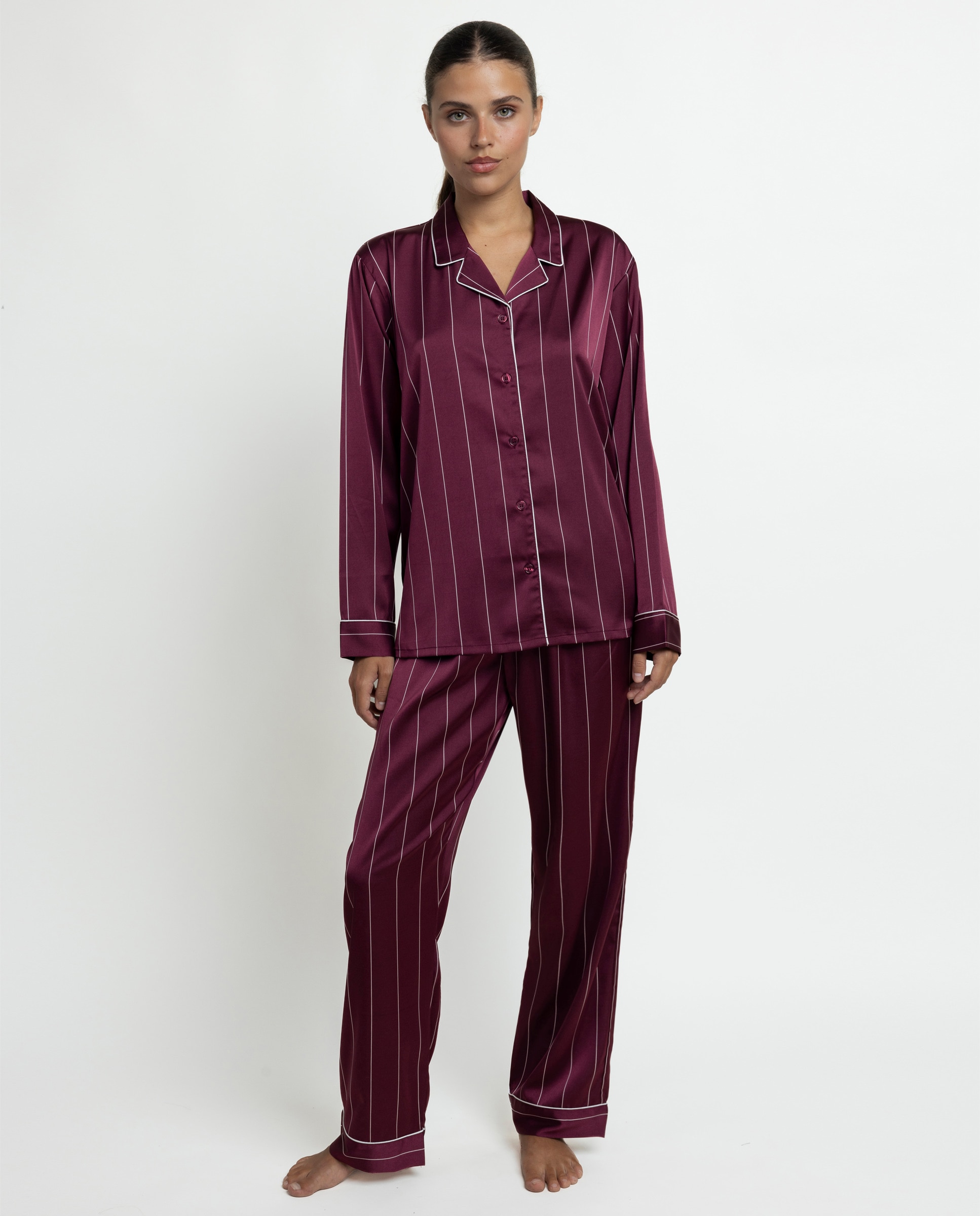 Pijama largo abierto de mujer de tela satén - Admas - Burdeos Burdeos-1