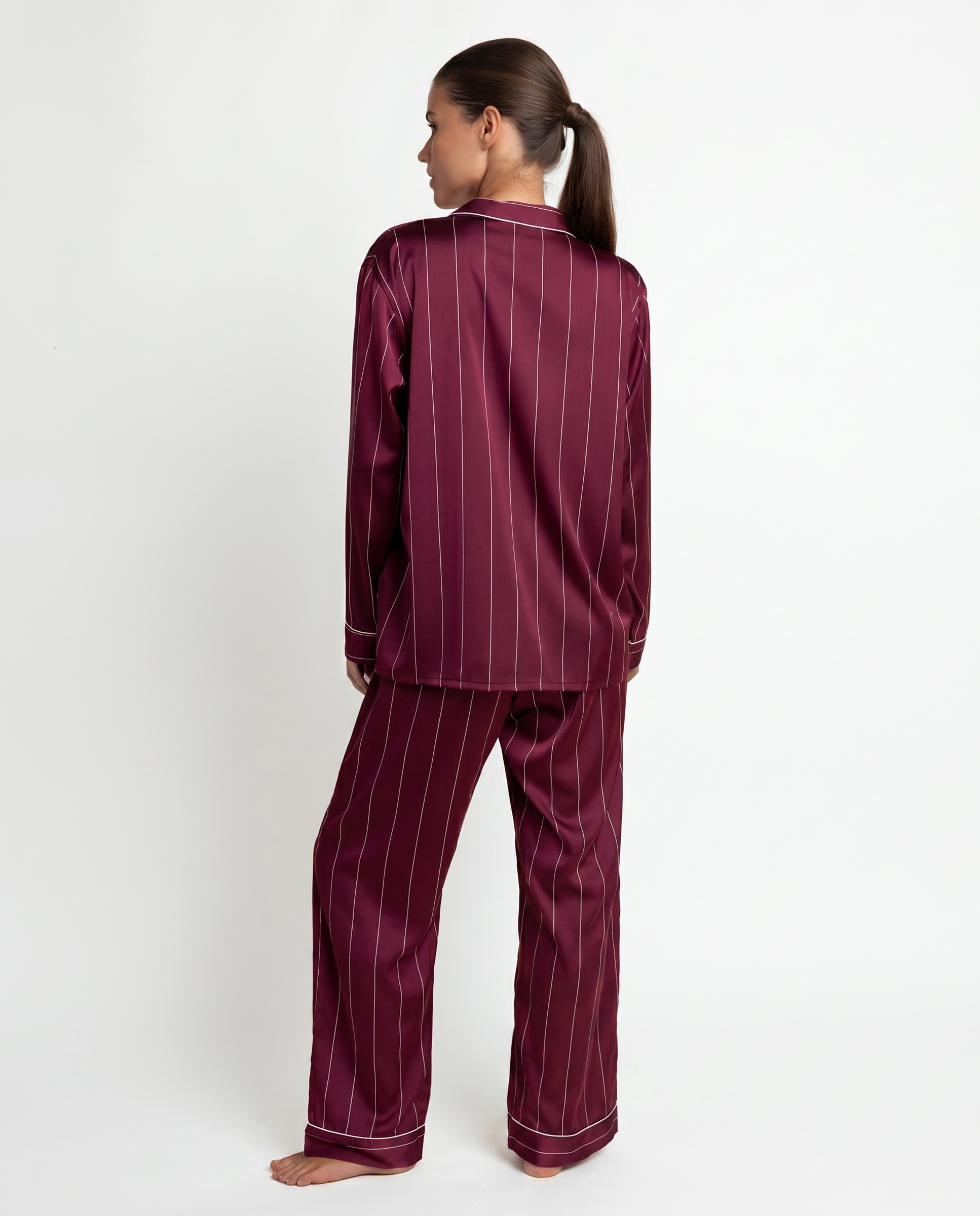 Pijama largo abierto de mujer de tela satén - Admas - Burdeos Burdeos-2