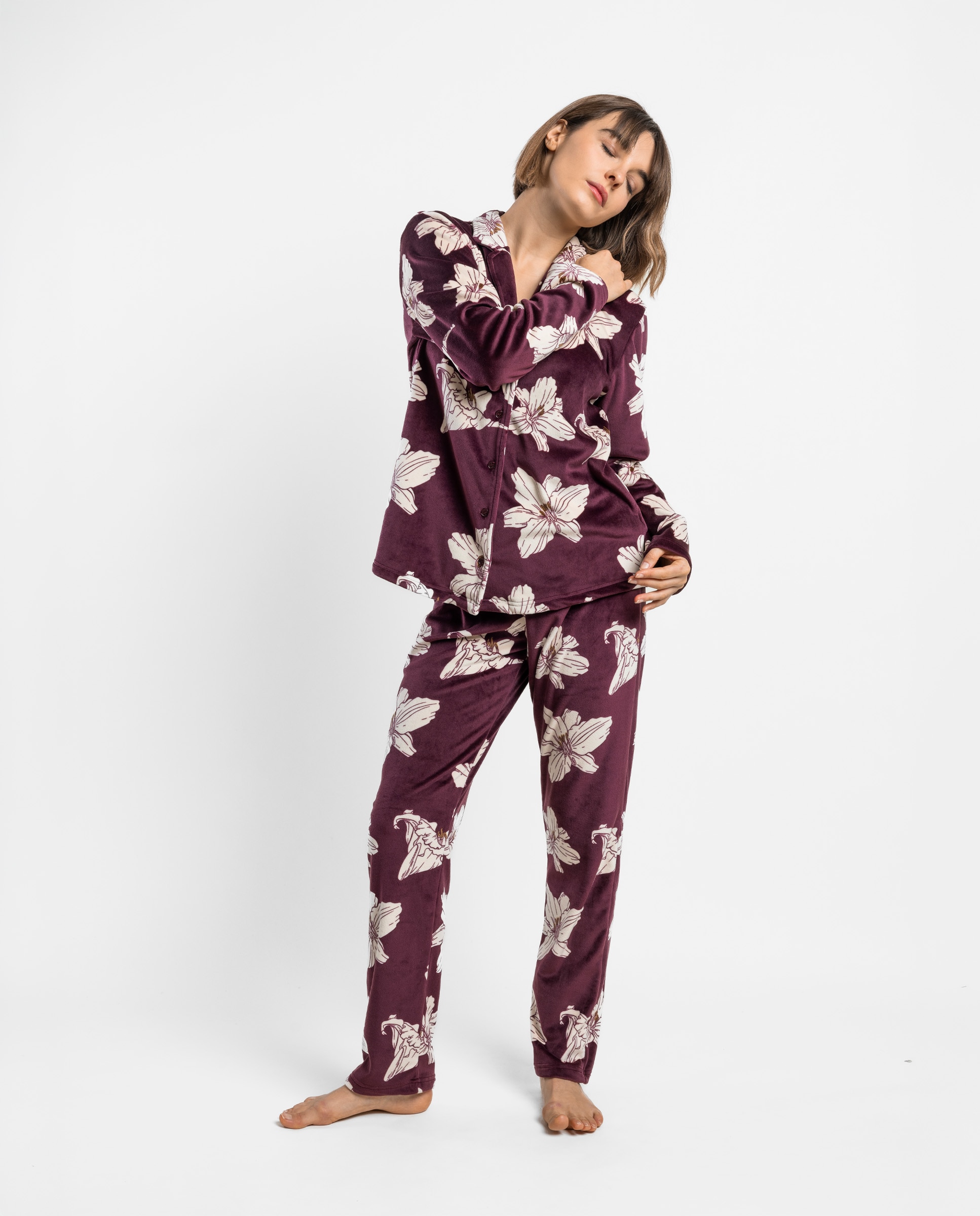 Pijama largo abierto de mujer de tejido de terciopelo doble cara - Admas - Burdeos Burdeos-1