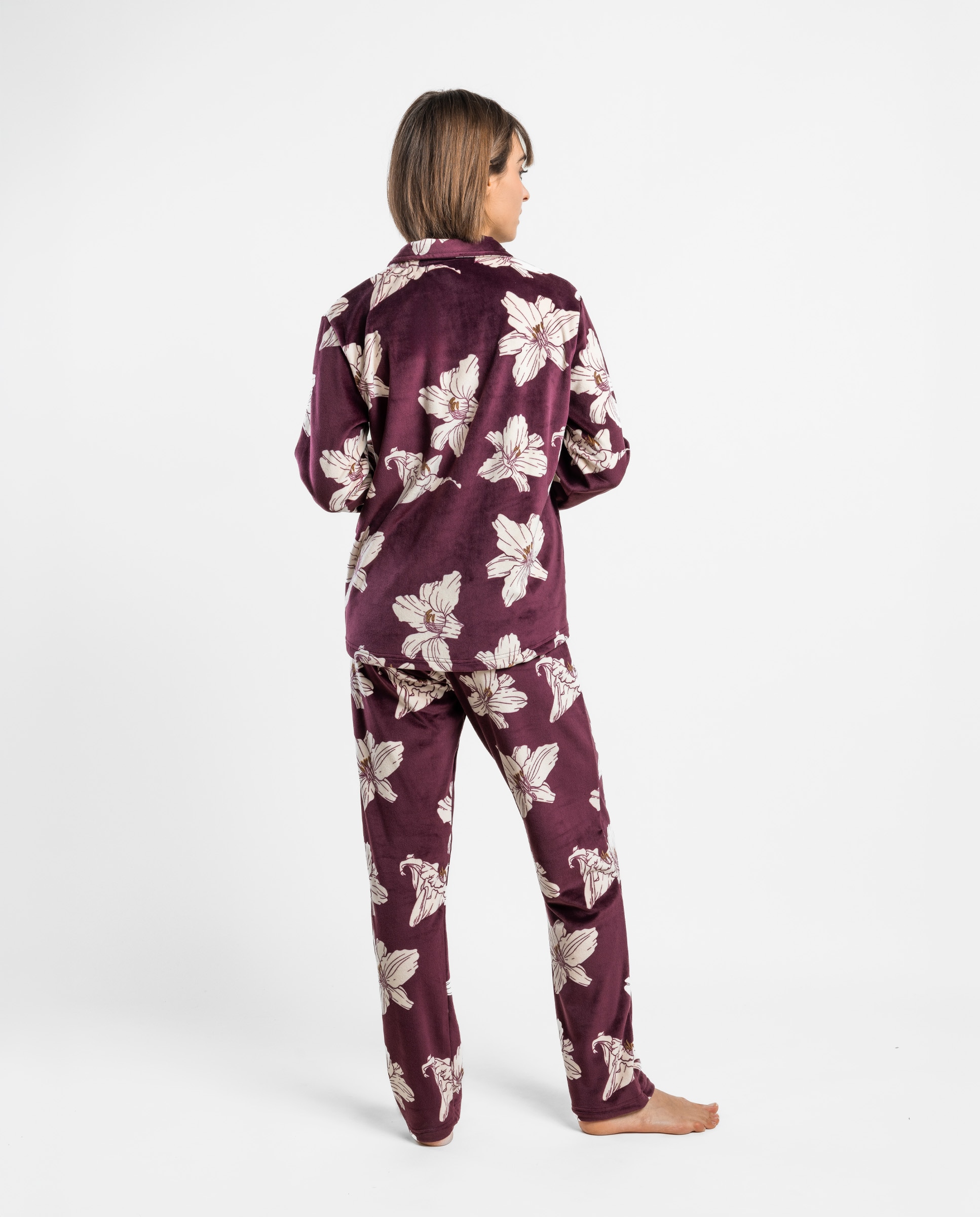 Pijama largo abierto de mujer de tejido de terciopelo doble cara - Admas - Burdeos Burdeos-2
