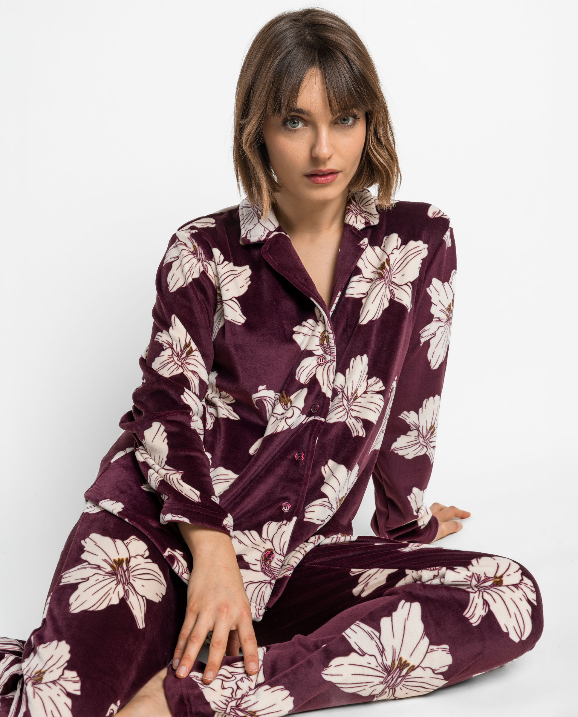 Pijama largo abierto de mujer de tejido de terciopelo doble cara - Admas - Burdeos Burdeos-3