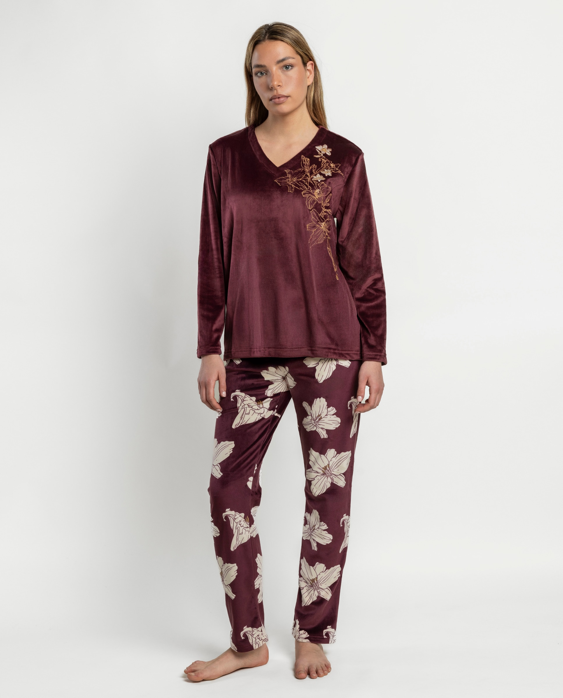 Pijama largo de mujer de tejido de terciopelo doble cara - Admas - Burdeos Burdeos-1
