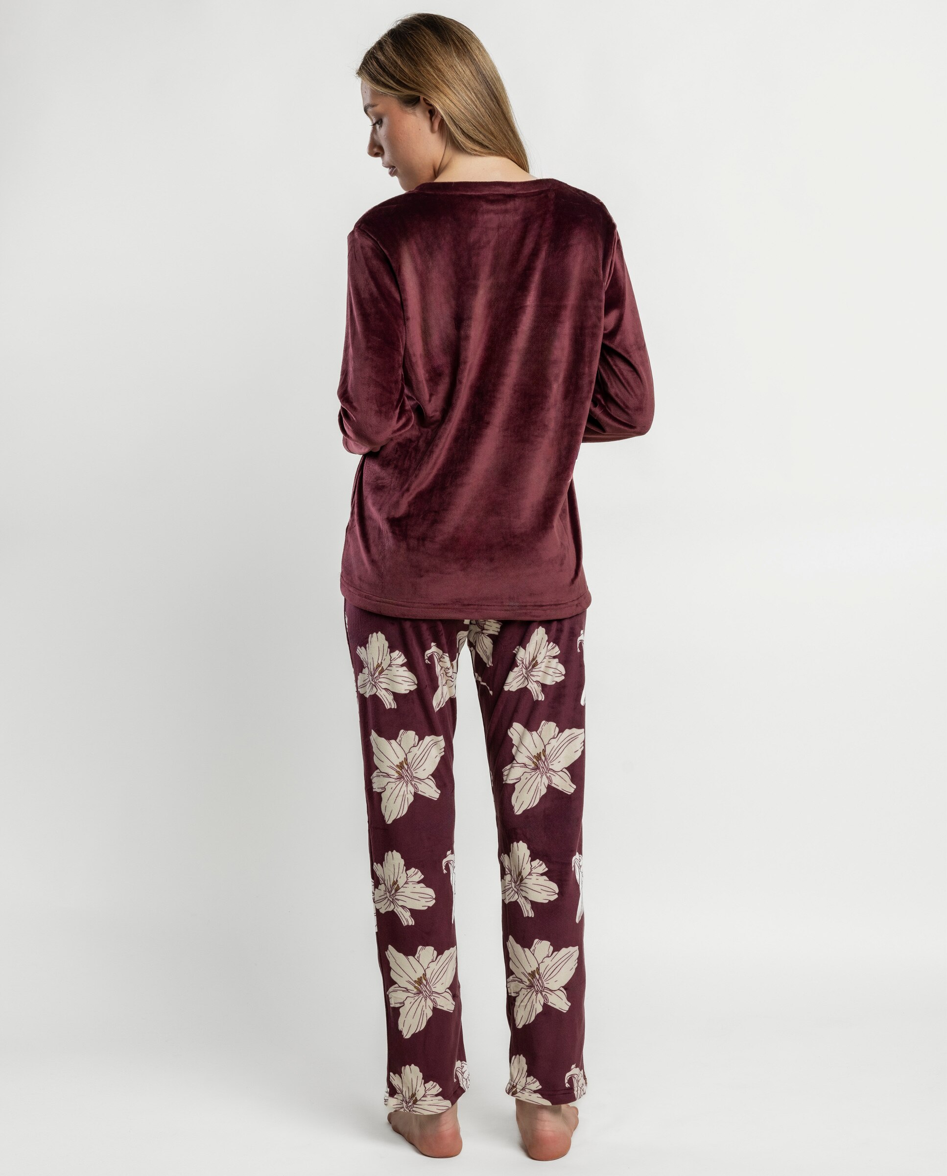 Pijama largo de mujer de tejido de terciopelo doble cara - Admas - Burdeos Burdeos-2