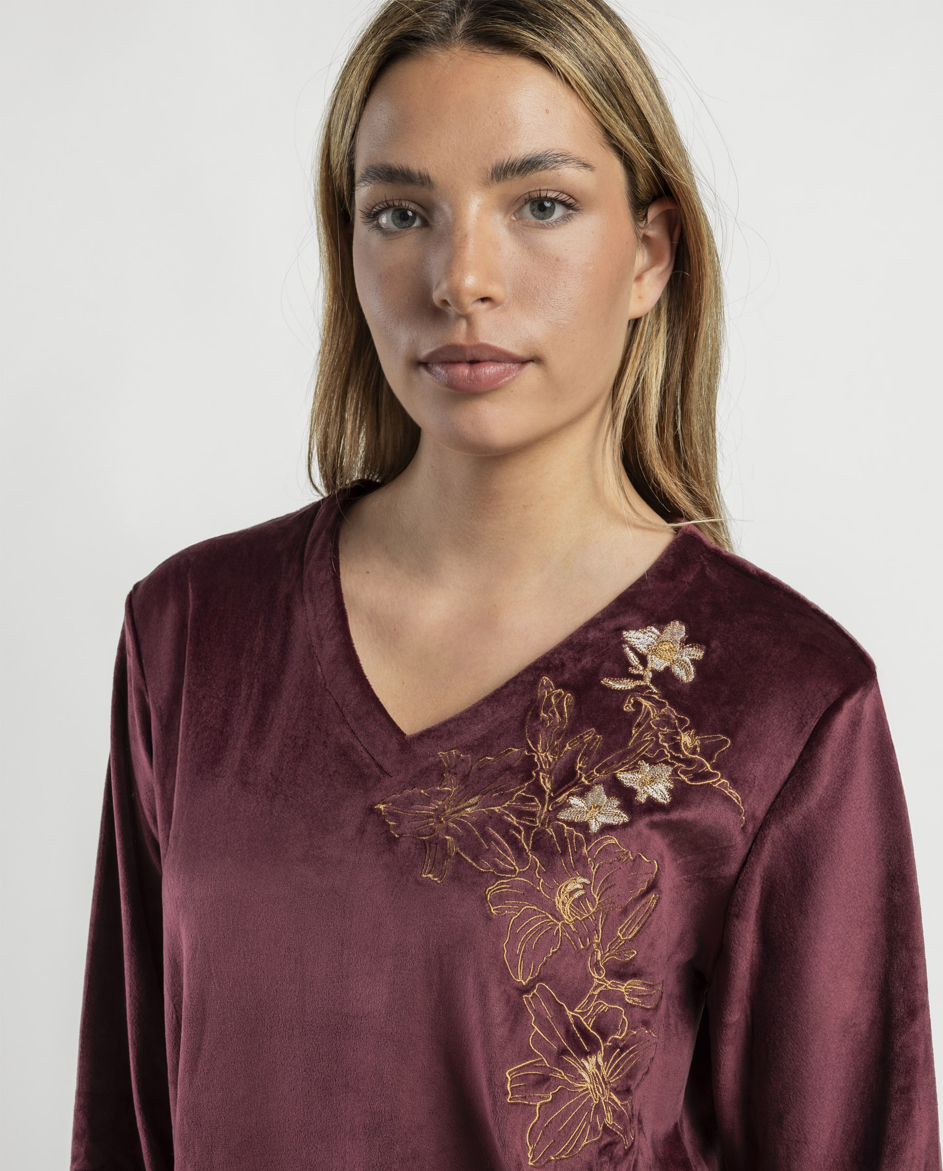 Pijama largo de mujer de tejido de terciopelo doble cara - Admas - Burdeos Burdeos-3