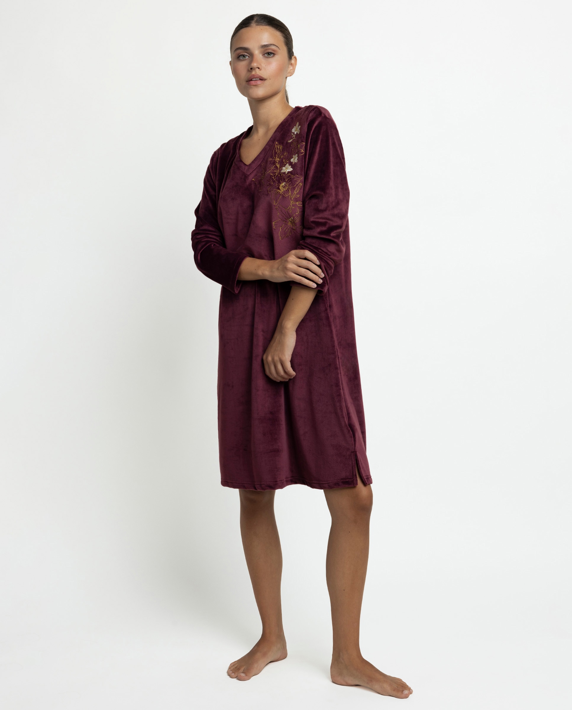 Camisón largo de mujer de tejido de terciopelo doble cara - Admas - Burdeos Burdeos-1