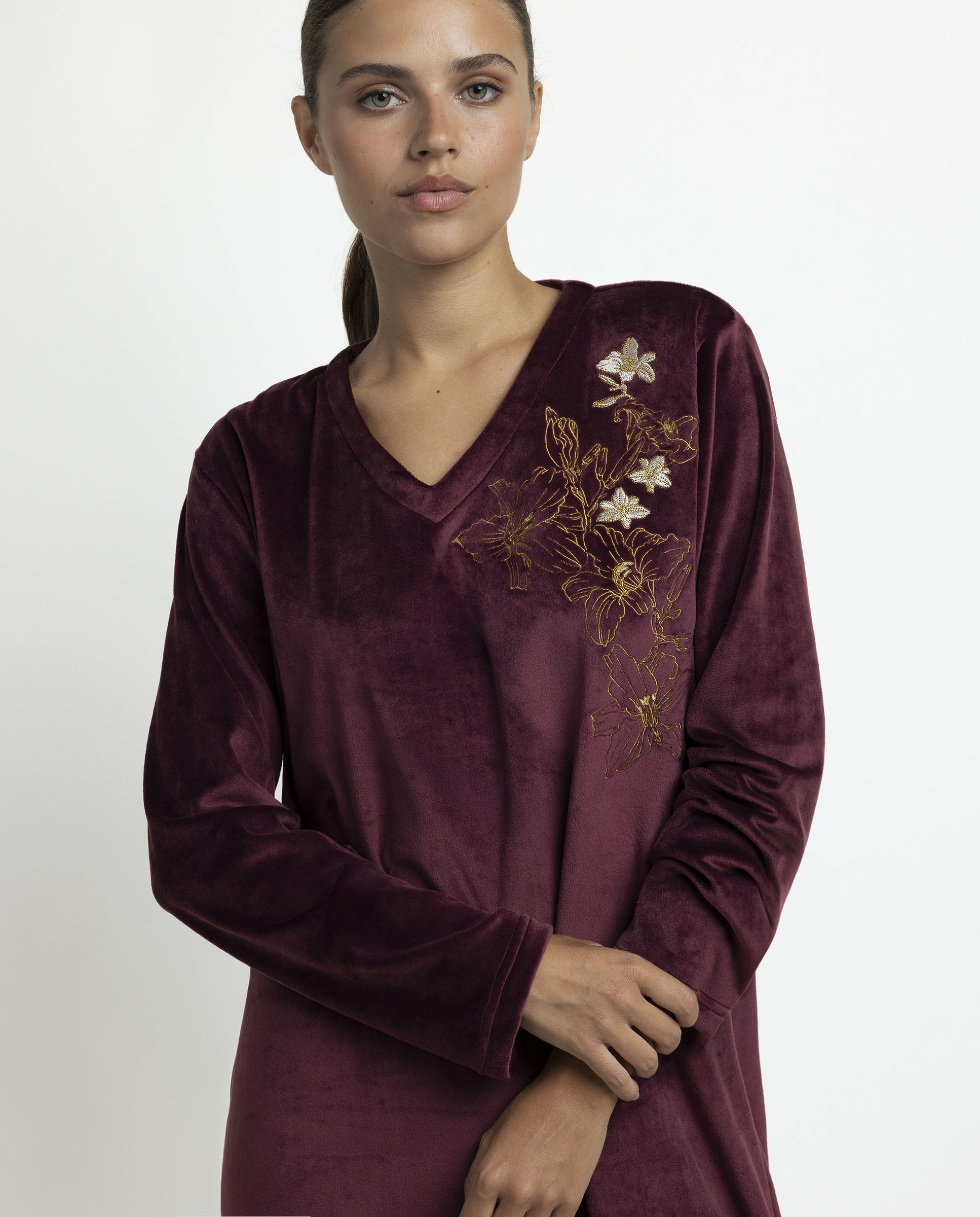 Camisón largo de mujer de tejido de terciopelo doble cara - Admas - Burdeos Burdeos-3