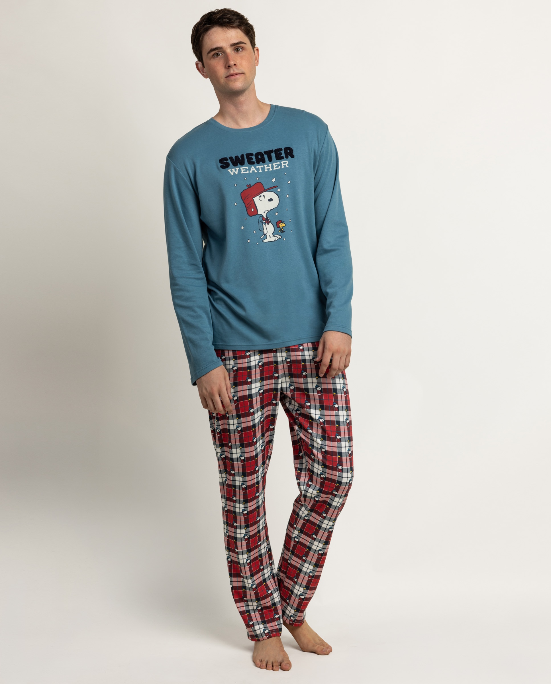 Imagen 0 de Pijama completo largo de hombre de punto de algodón Verde Agua