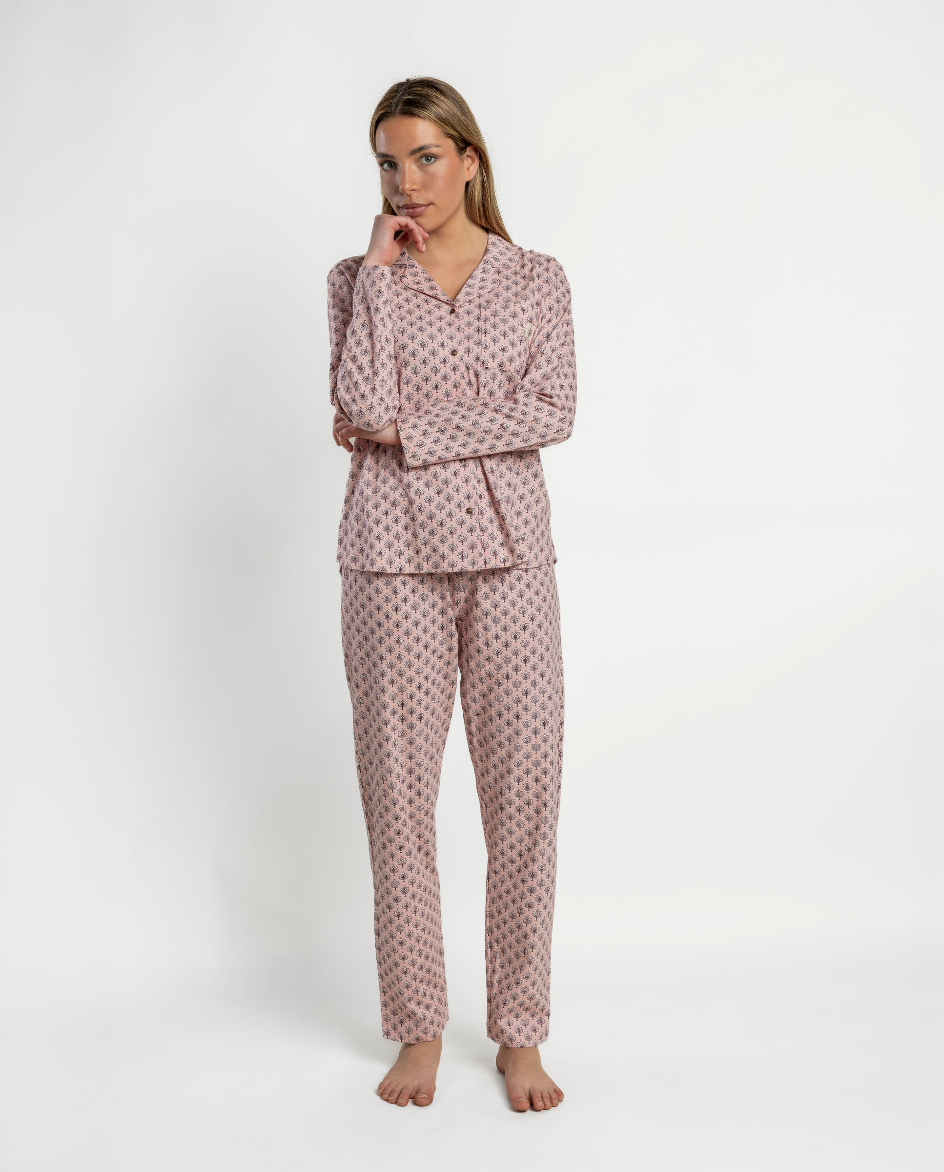 Pijama largo abierto de mujer de punto viscosa - Admas - Rosa Rosa-1