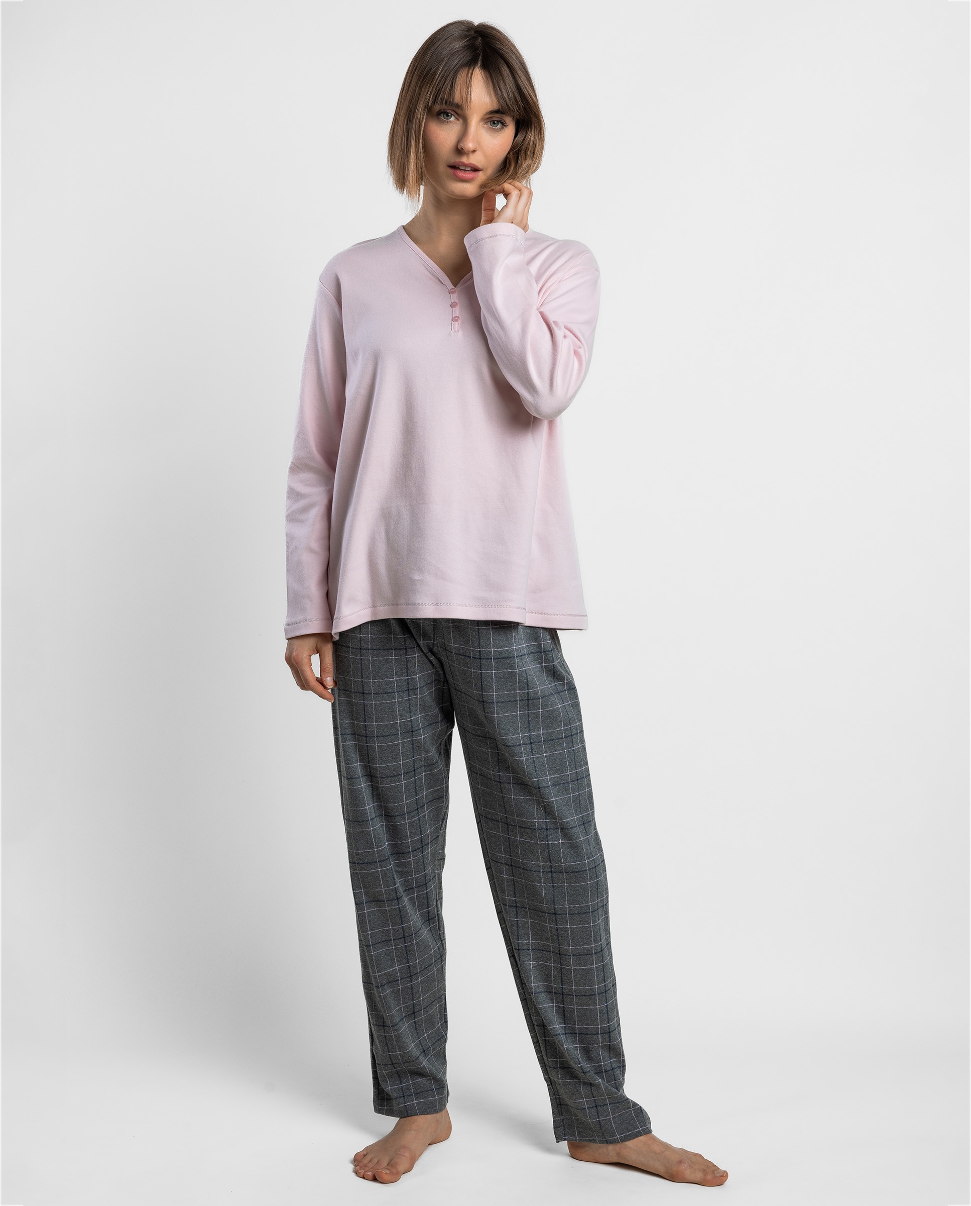 Pijama largo de mujer de punto interlock de algodón - Admas - Rosa Rosa-1
