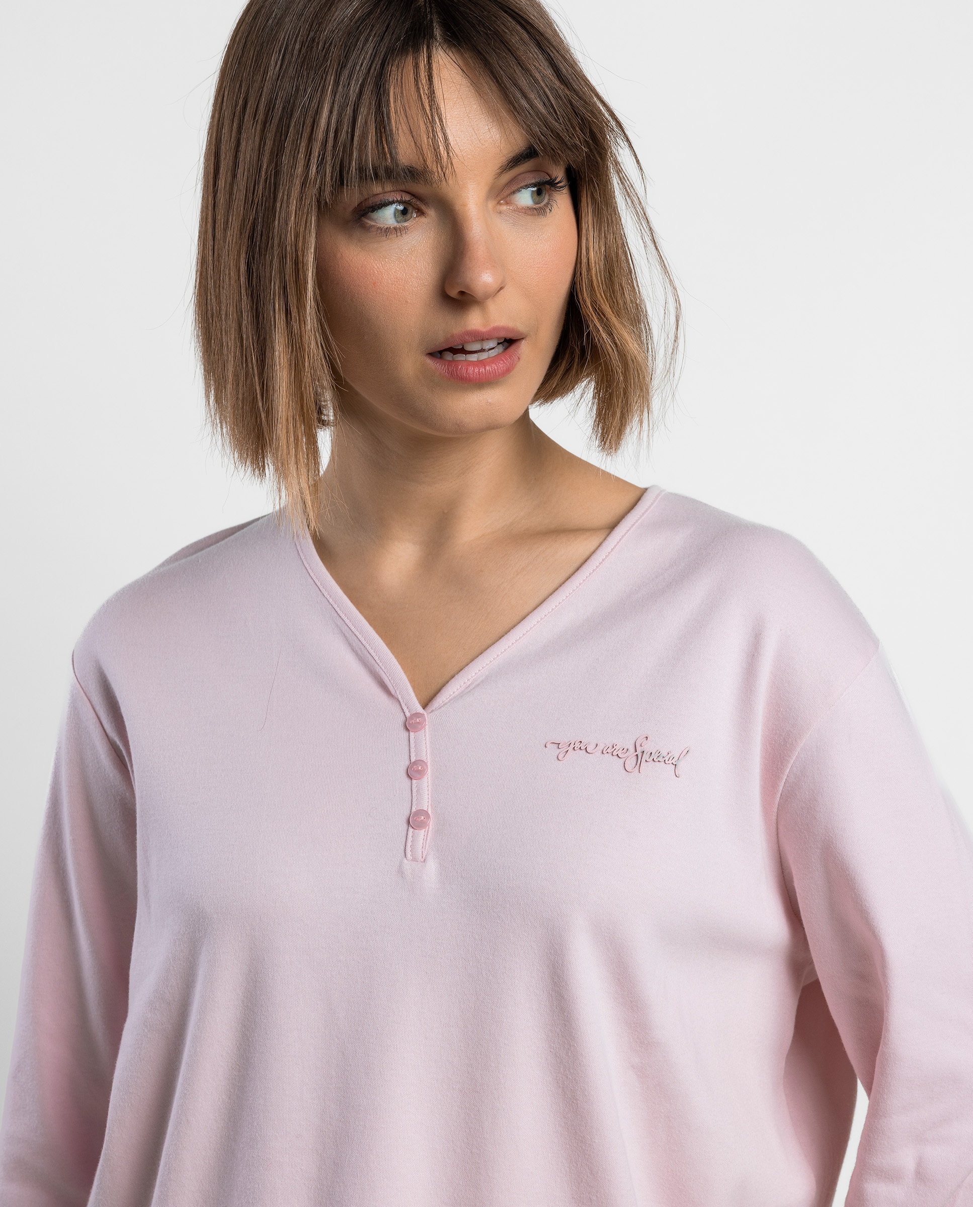 Pijama largo de mujer de punto interlock de algodón - Admas - Rosa Rosa-3