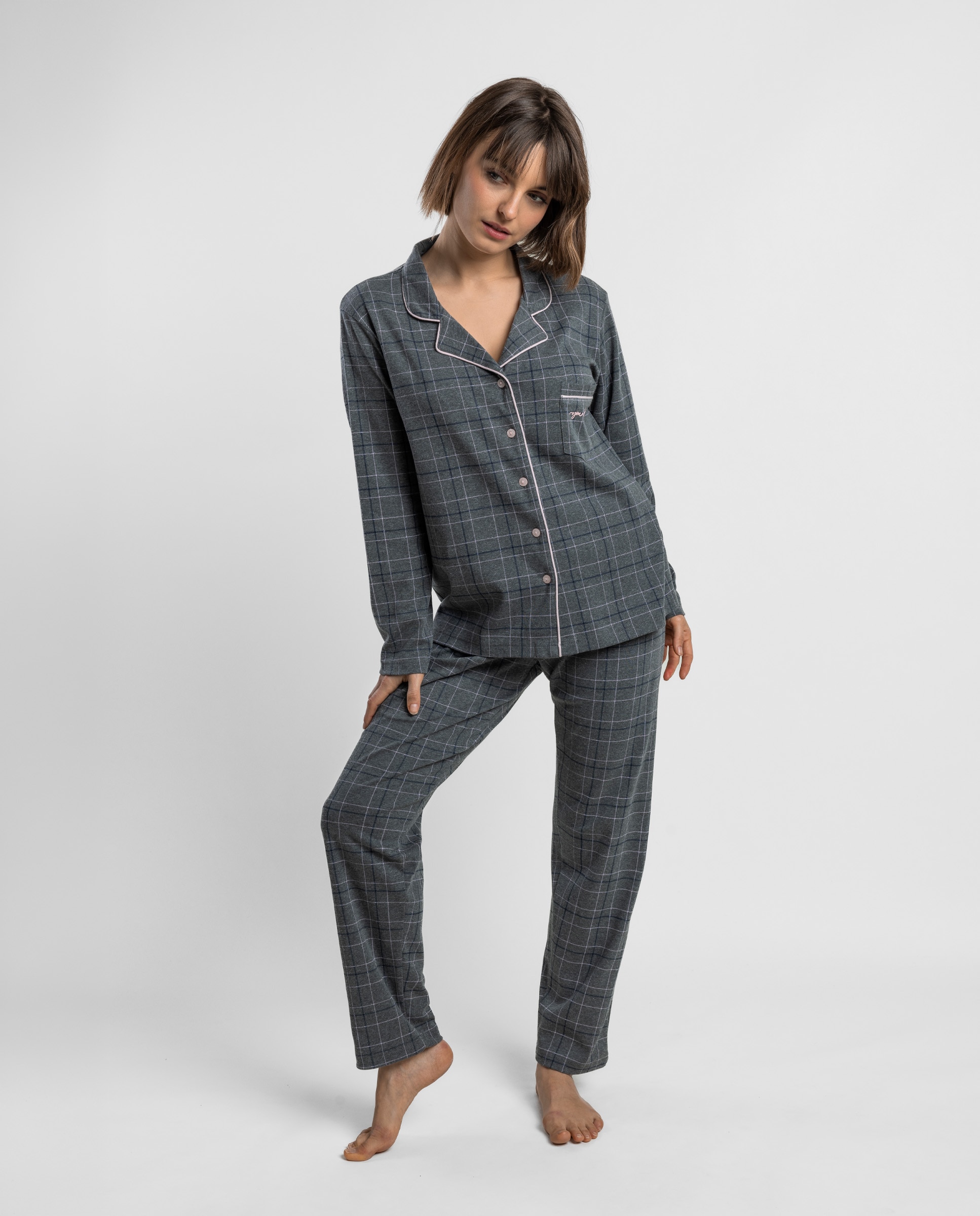Pijama largo abierto de mujer de punto de algodón - Admas - Gris Gris-1