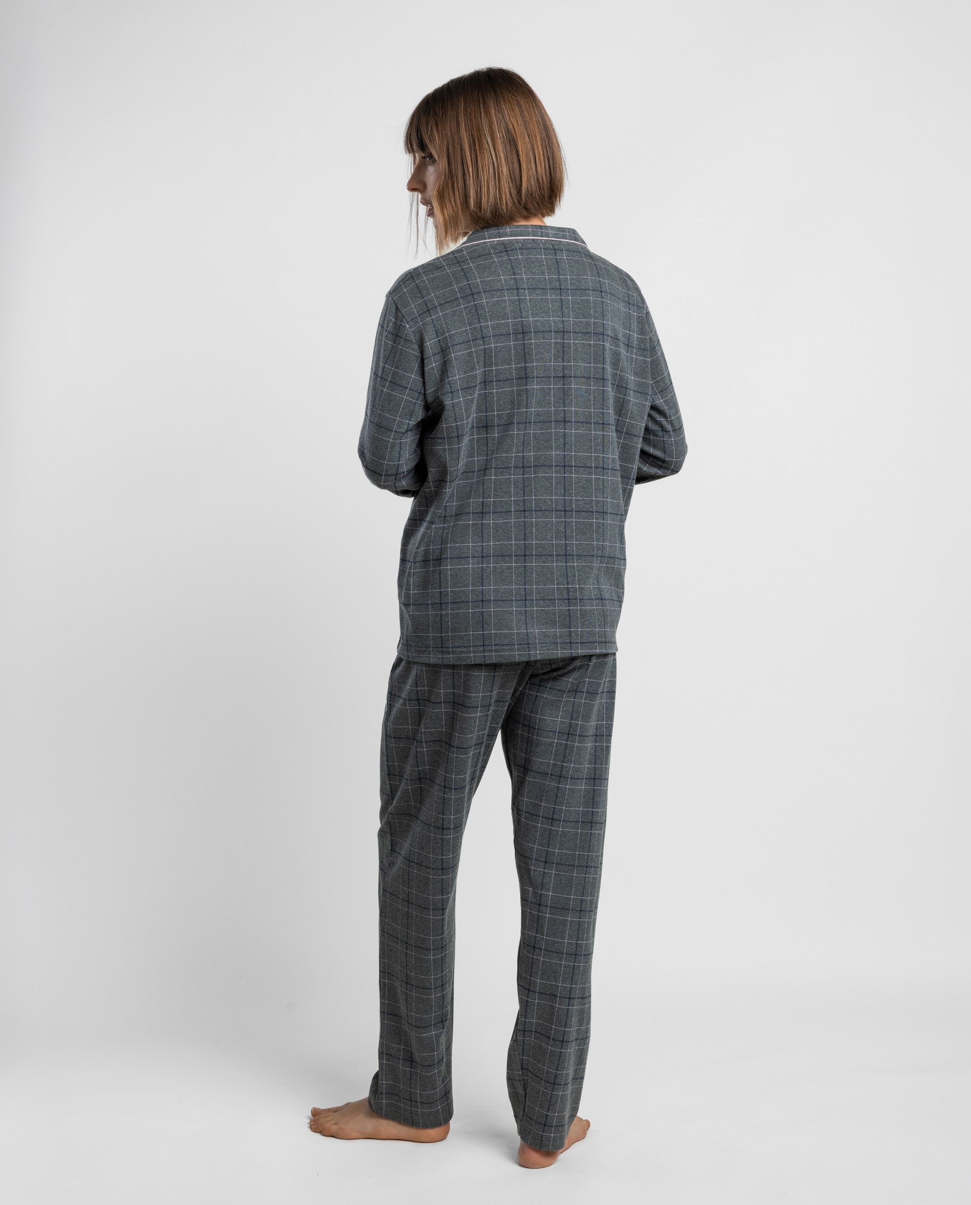 Pijama largo abierto de mujer de punto de algodón - Admas - Gris Gris-2