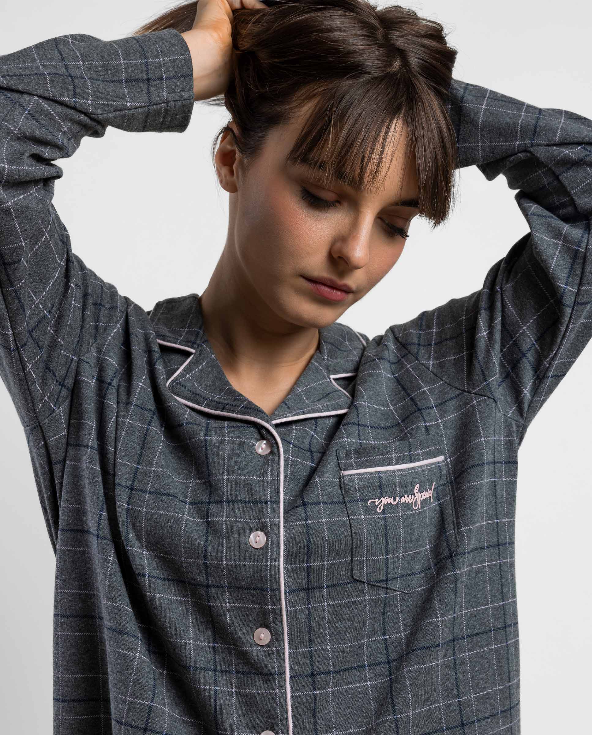 Pijama largo abierto de mujer de punto de algodón - Admas - Gris Gris-3