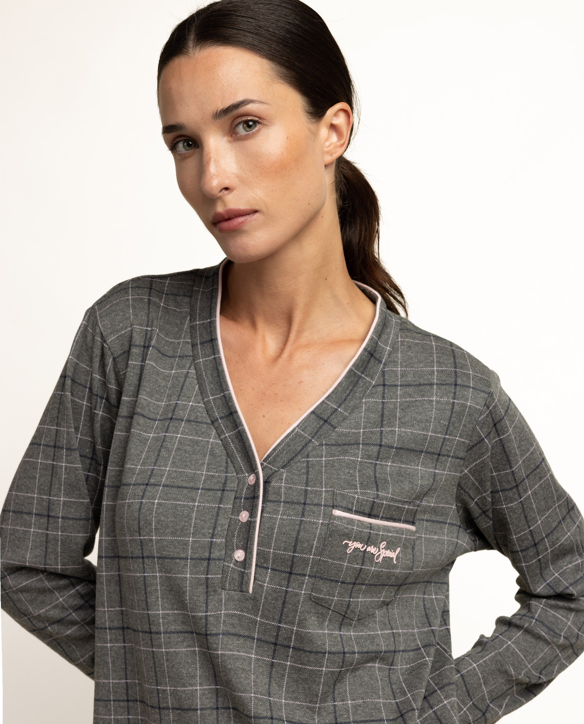 Camisón corto de mujer de punto de algodón - Admas - Gris Gris-3