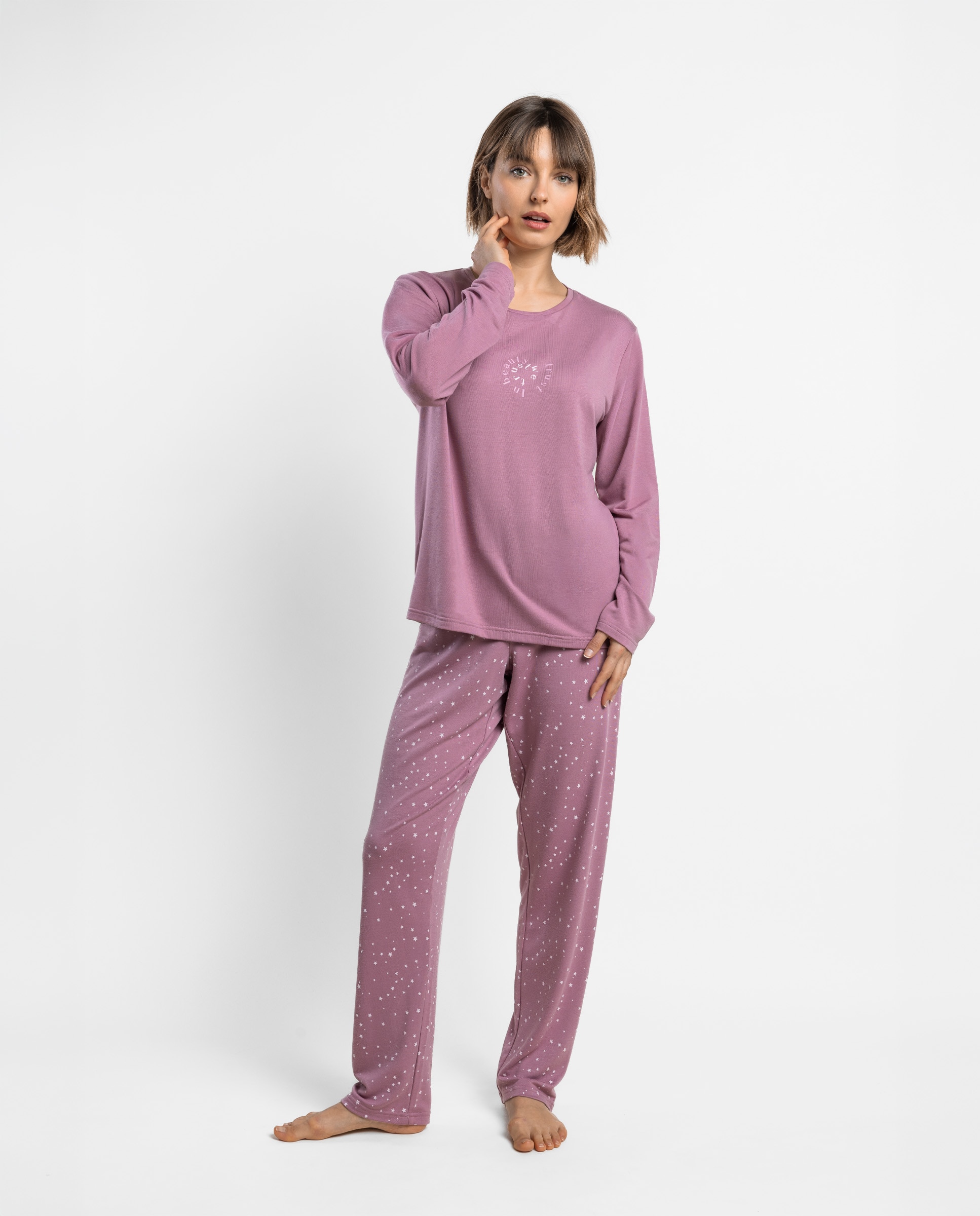 Pijama largo de mujer de punto viscosa - Admas - Rosa Rosa-1