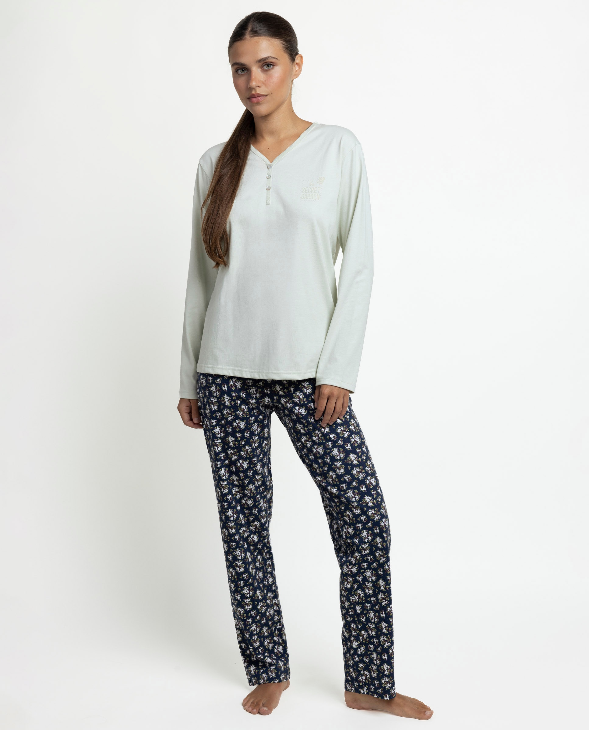 Pijama largo de mujer de punto de algodón - Admas - Verde Verde-1