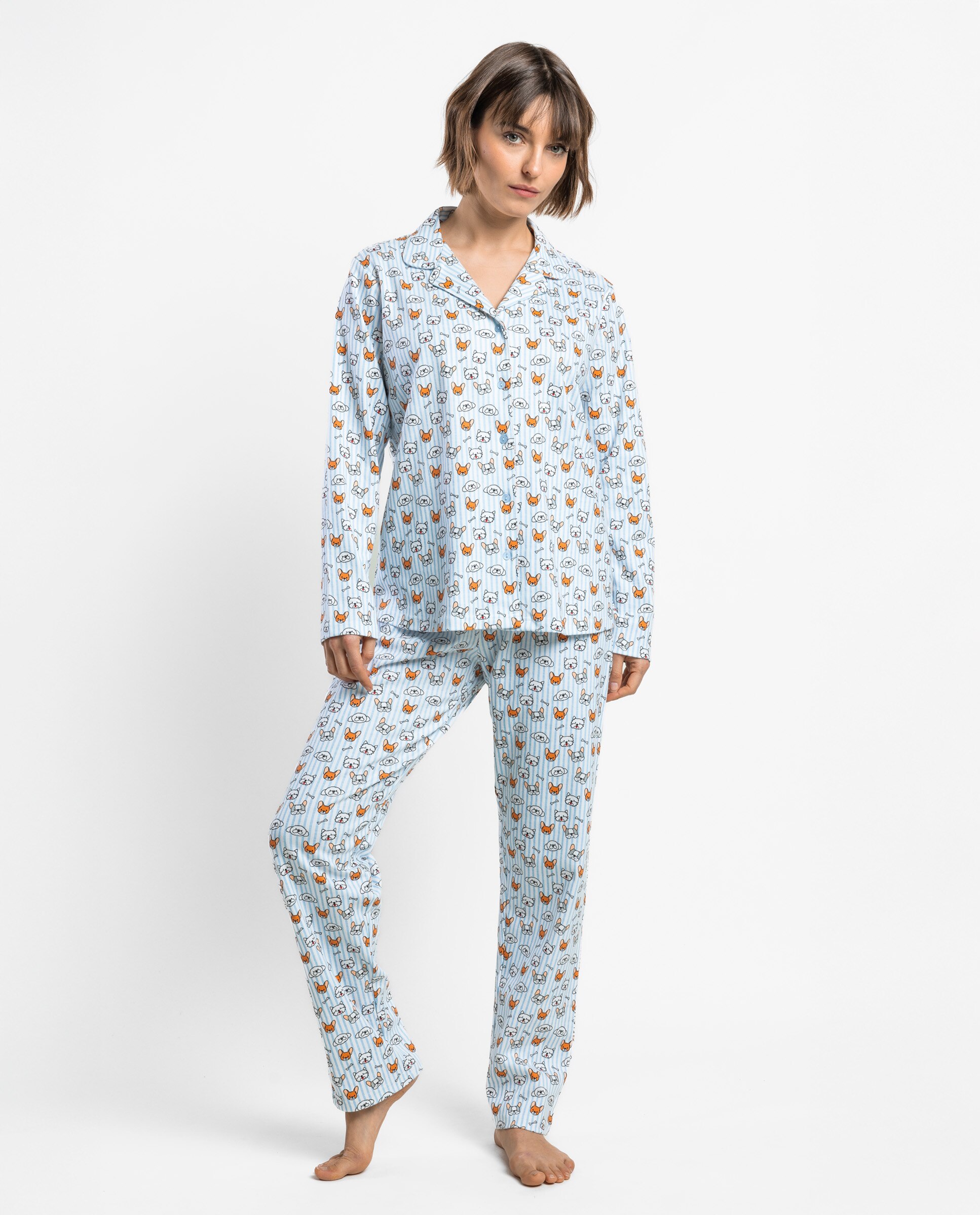 Pijama largo abierto de mujer de punto de algodón - Admas - Azul Azul-1
