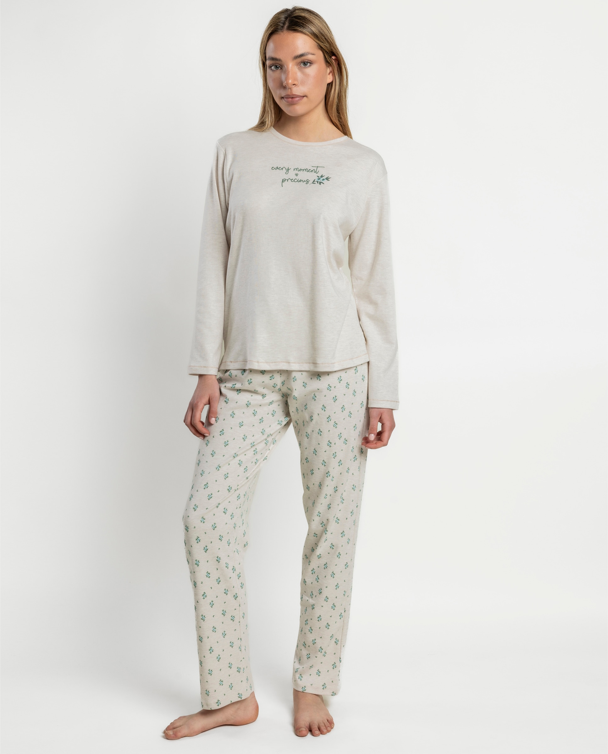 Pijama largo de mujer de punto de algodón - Admas - Beige Beige-1