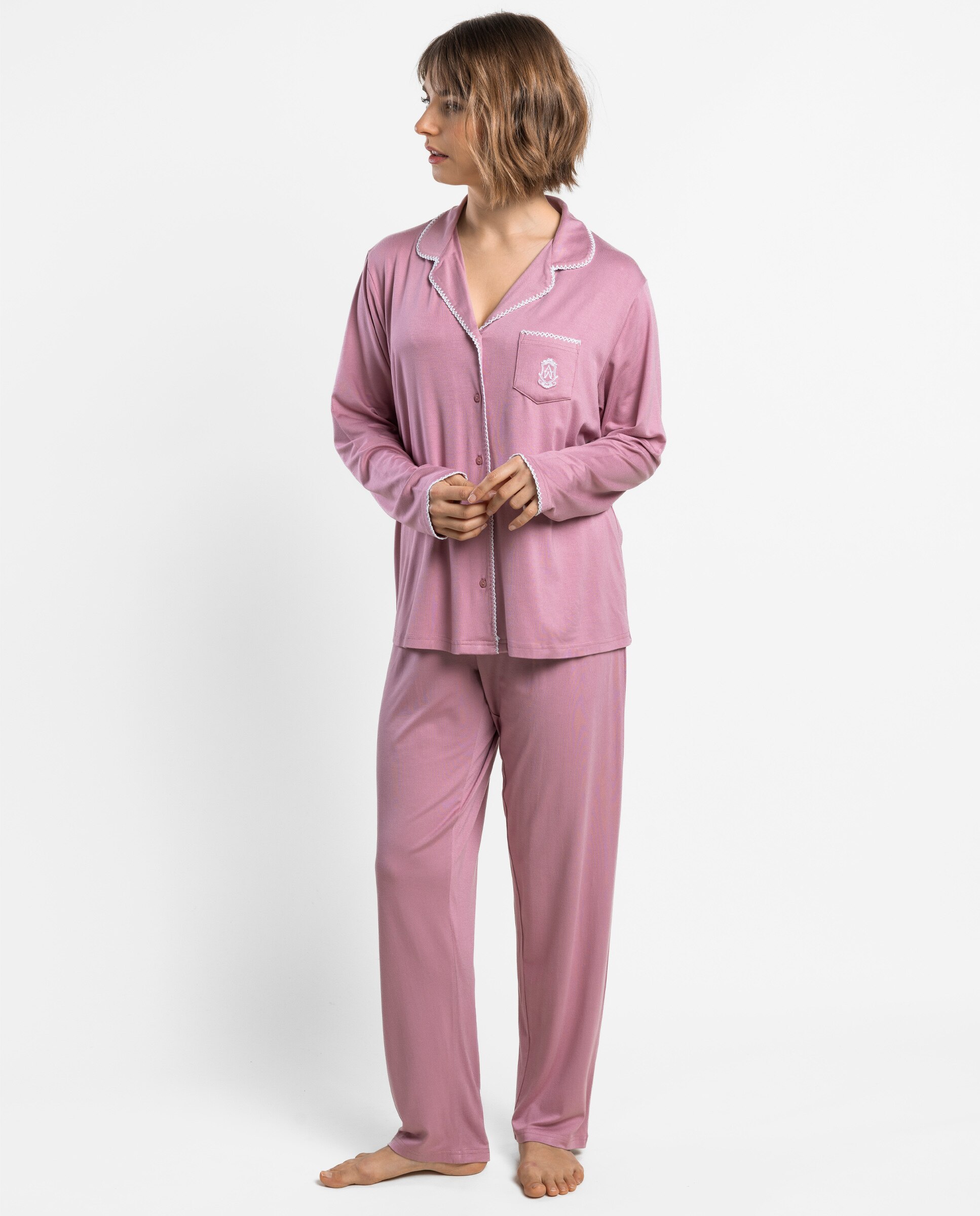 Pijama largo abierto de mujer de punto viscosa - Admas - Rosa Rosa-1