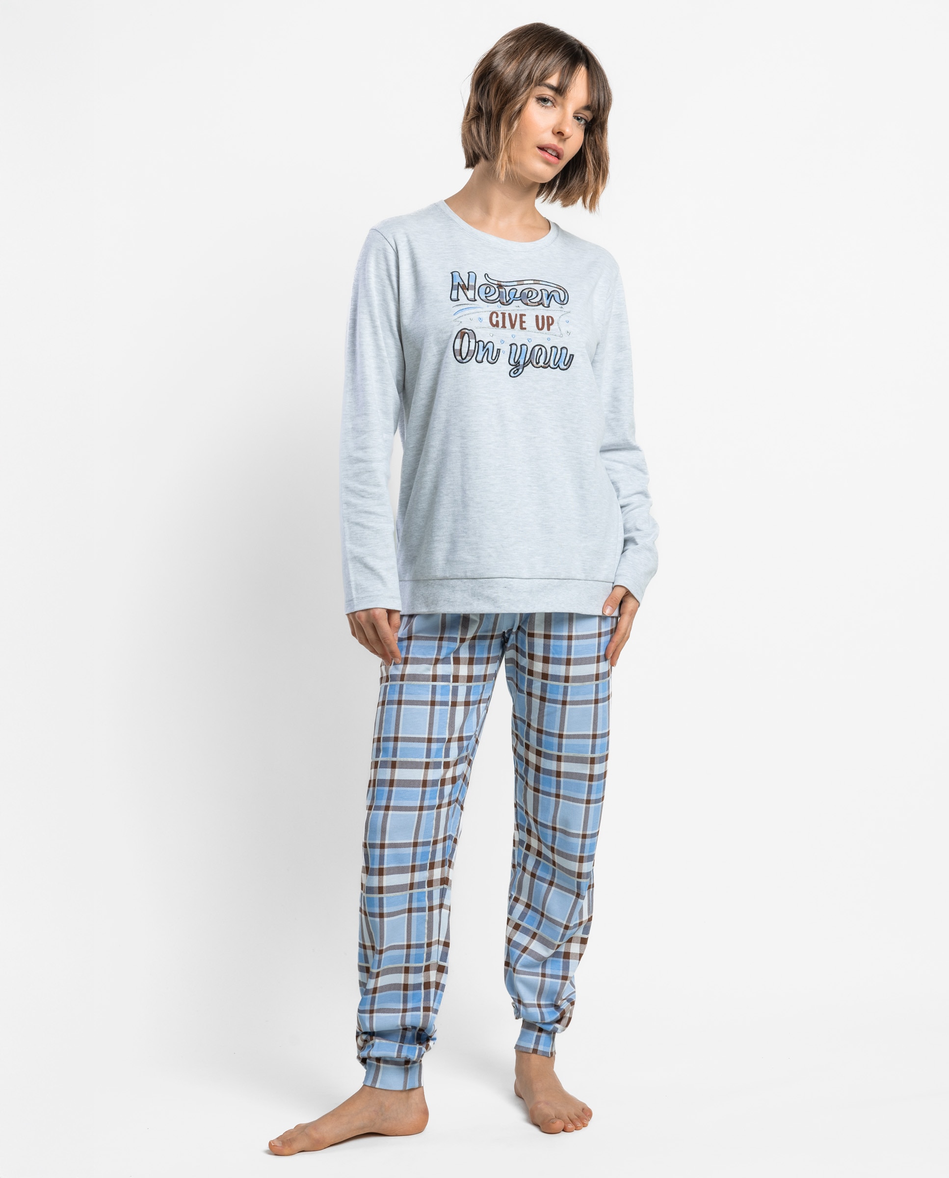 Pijama largo de mujer de punto de algodón - Admas - Gris Gris-1